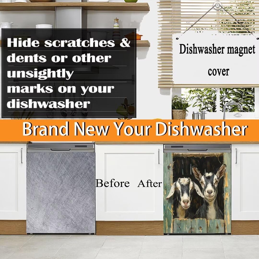Farm Goats Magnetic Dishwasher Cover, Countryside Animals Dishwasher Magnet Cover Decal for Front Panel,Rustic Farmhouse Sheep Dishwasher Sticker Refrigerator Magnets,Appliance Wrap Skin