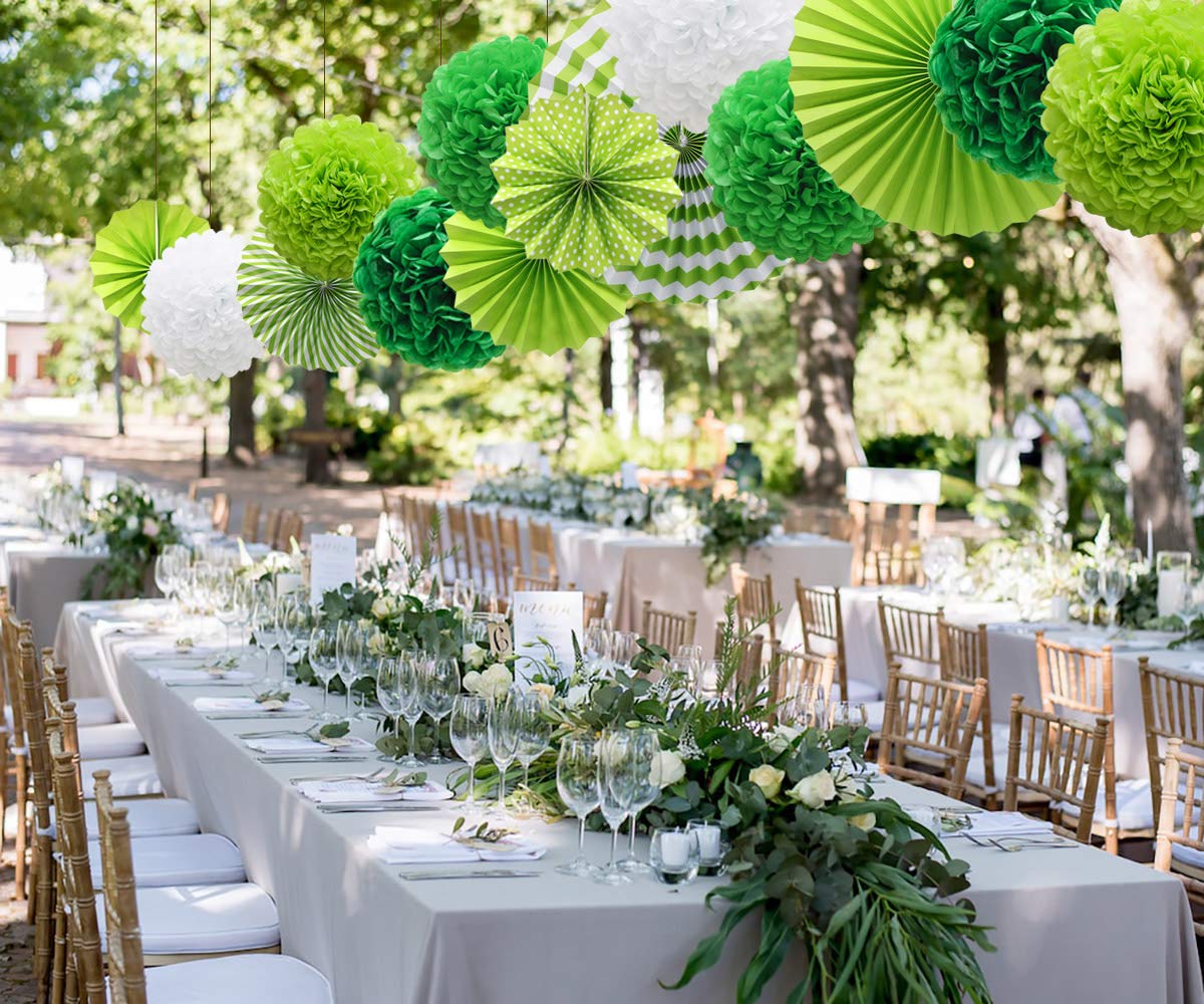 Grüne hängende Papier-Party-Dekorationen, runde Papierfächer, Pompons, Blumen-Set für Geburtstag, Hochzeit, Abschlussfeier, Babyparty, Events, Zubehör