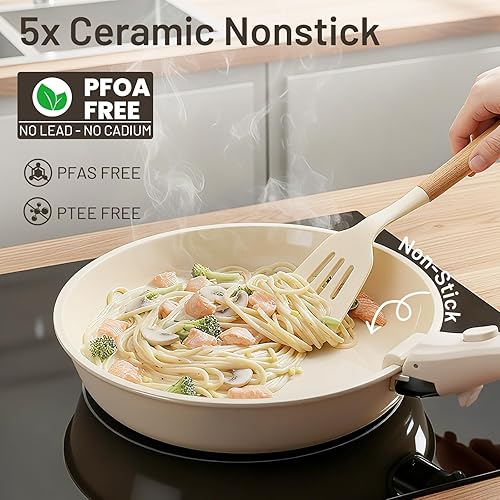 Miniatura 3 de Kikcoin - Juego de ollas y sartenes de cerámica antiadherente - Juego de utensilios de cocina con mango desmontable - Juego de cocina apilable de 25