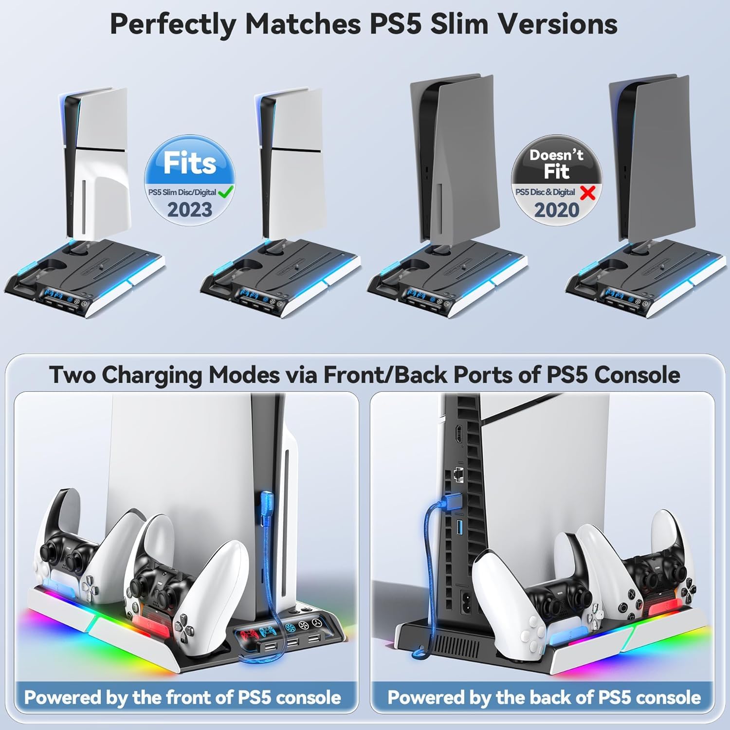 Supporto PS5 Slim con Ventola di Raffreddamento, Staffa per PS5, Base Ricarica Controller PS5, PS5 Accessori per PS5 Slim/P5 Digital Edition e Disc Edition
