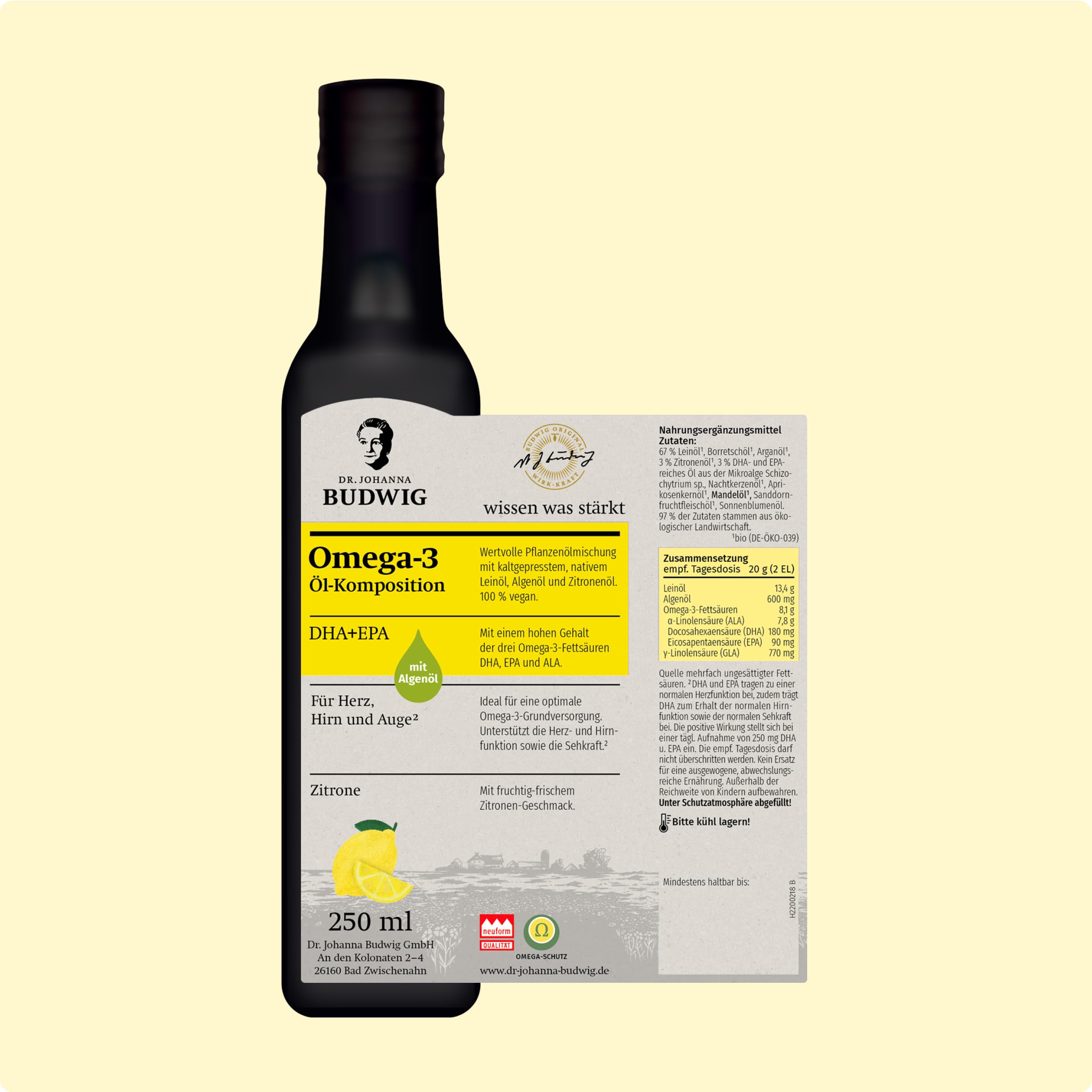 Dr. Budwig Premium Omega 3 DHA + EPA Öl Zitrone (250ml) | Bio Leinöl & Algenöl - hochdosiertes DHA & EPA - vegan - flüssig - laborgeprüft - Omega 3 für Kinder - Alternative Fischöl