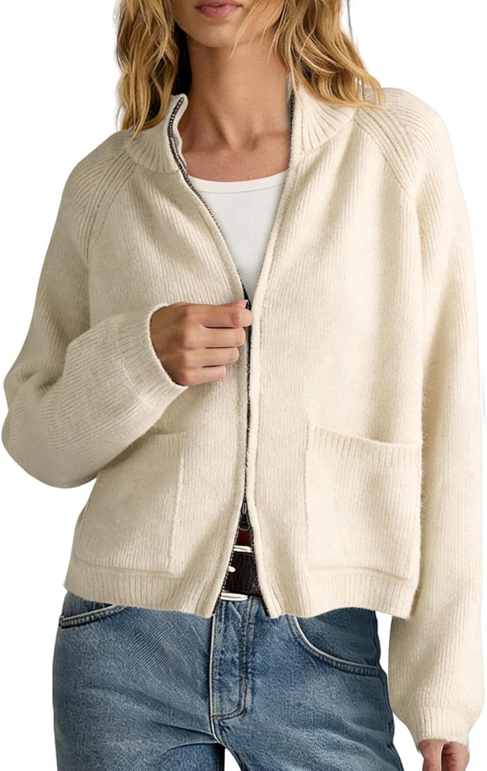 Yimoon Zip Up Cardigan for Women Chunky Knit Cropped Cardigans Long Sleeve Mock Neck Ribbed Sweater with Pockets