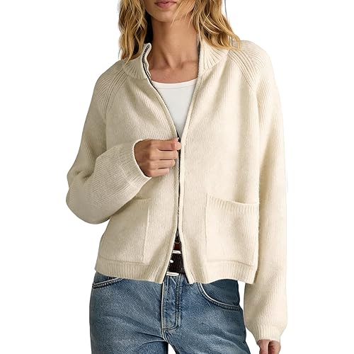 Yimoon Zip Up Cardigan for Women Chunky Knit Cropped Cardigans Long Sleeve Mock Neck Ribbed Sweater with Pockets