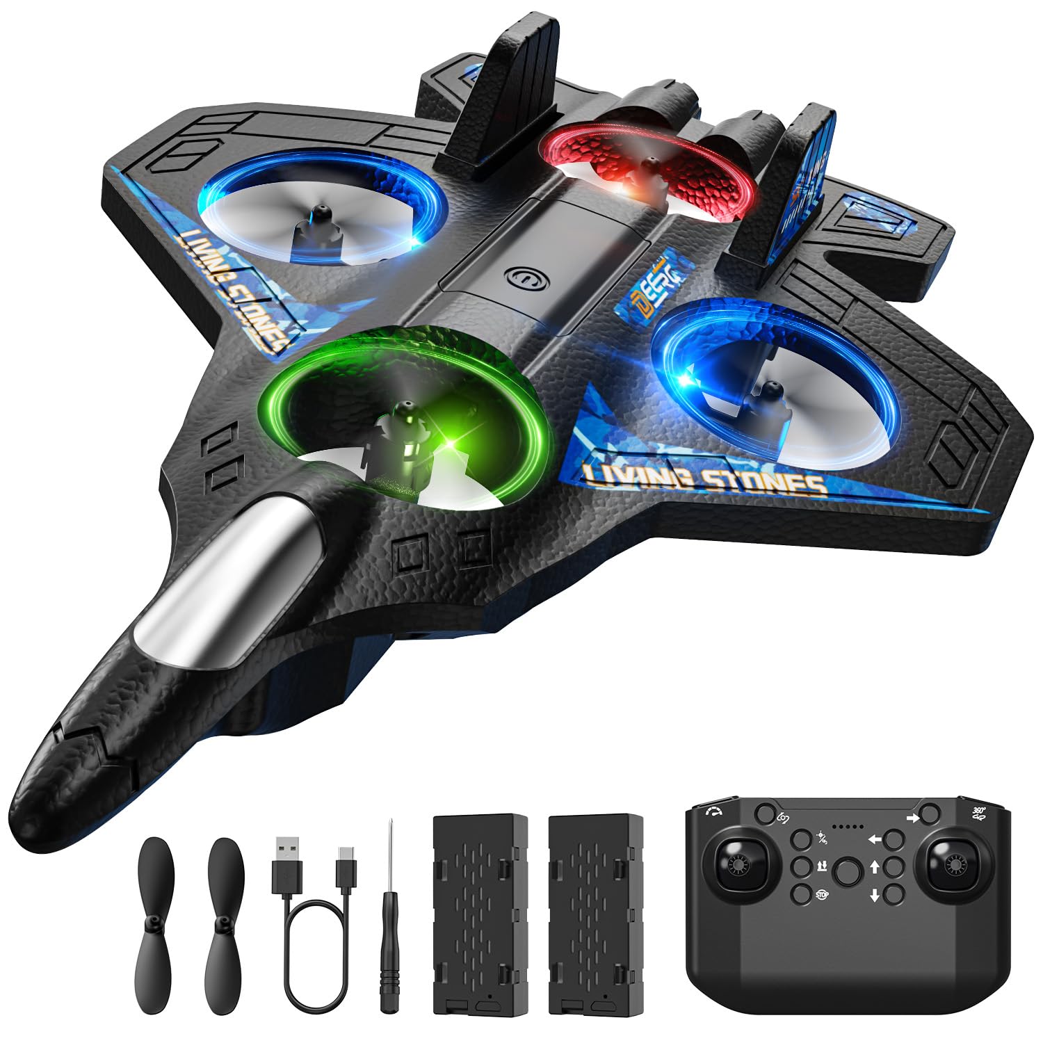 DEERC Remote Control Airplanes, RC Planes with Light, RC Airplane Fighter Jet for Kids Adults, 360° Flip, Stunt Roll, Drones for Kids 14+, Airplane Toy Gifts for Kids Boys(Black)