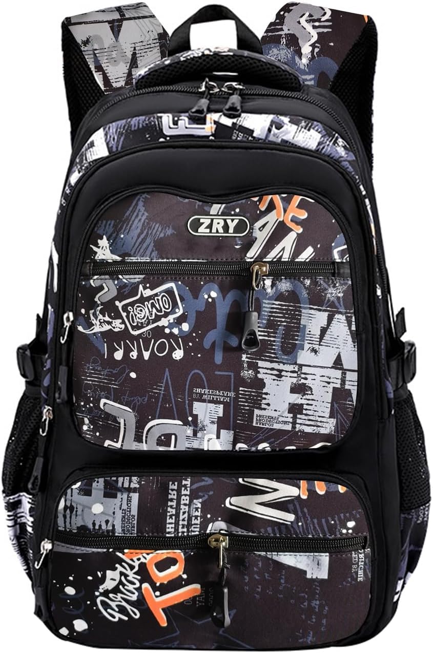 JiaYou Men Teens Middle School Graffiti Backpack High School Laptop Daypack College Bag(Black,45 Liters)