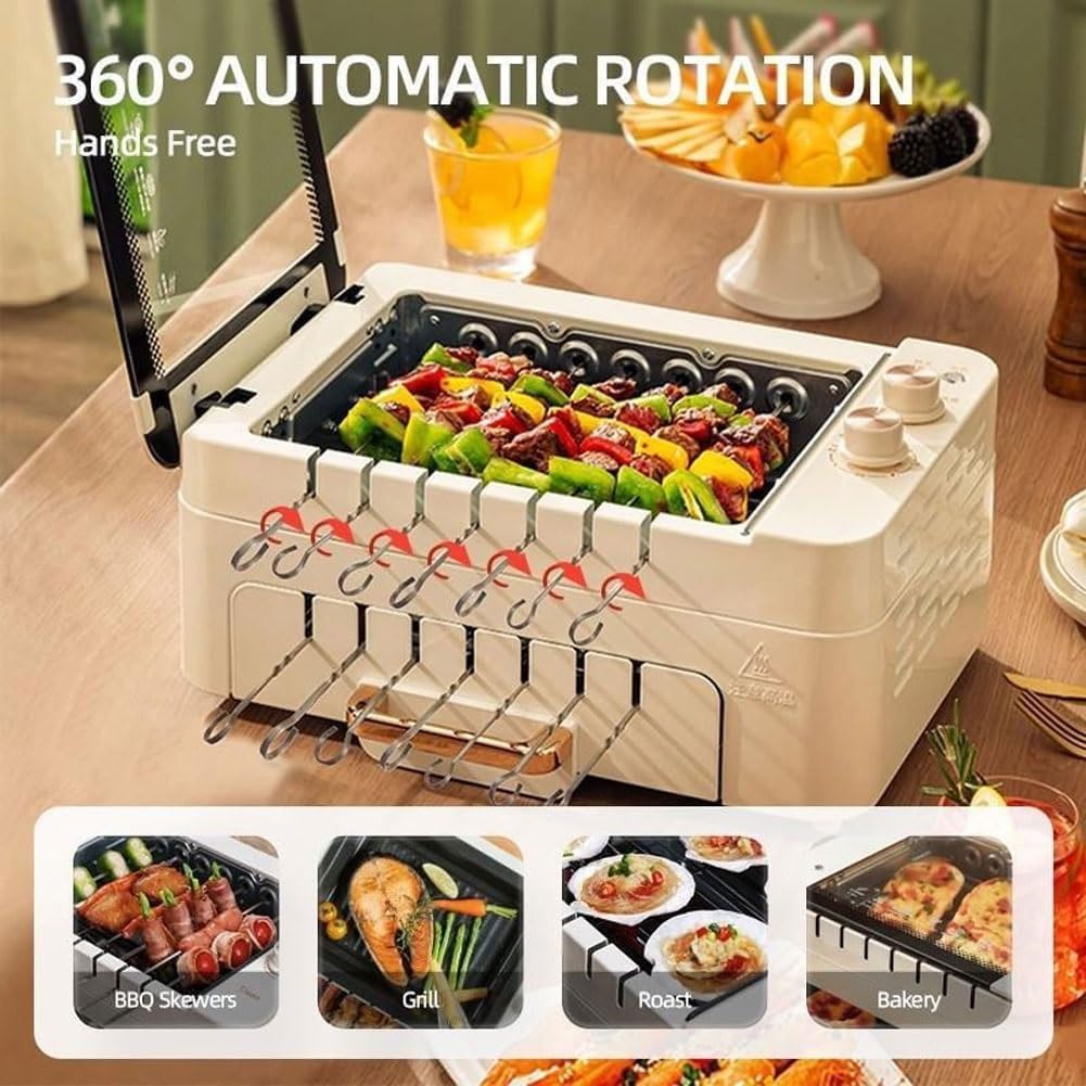 JOSBY Macchina per Kebab da 1000 W, Macchina per Spiedini Senza Fumo Antiaderente a Doppio Strato per Uso Domestico, Griglia per Barbecue Elettrica con Rotazione Automatica a 360°, Design Staccabile