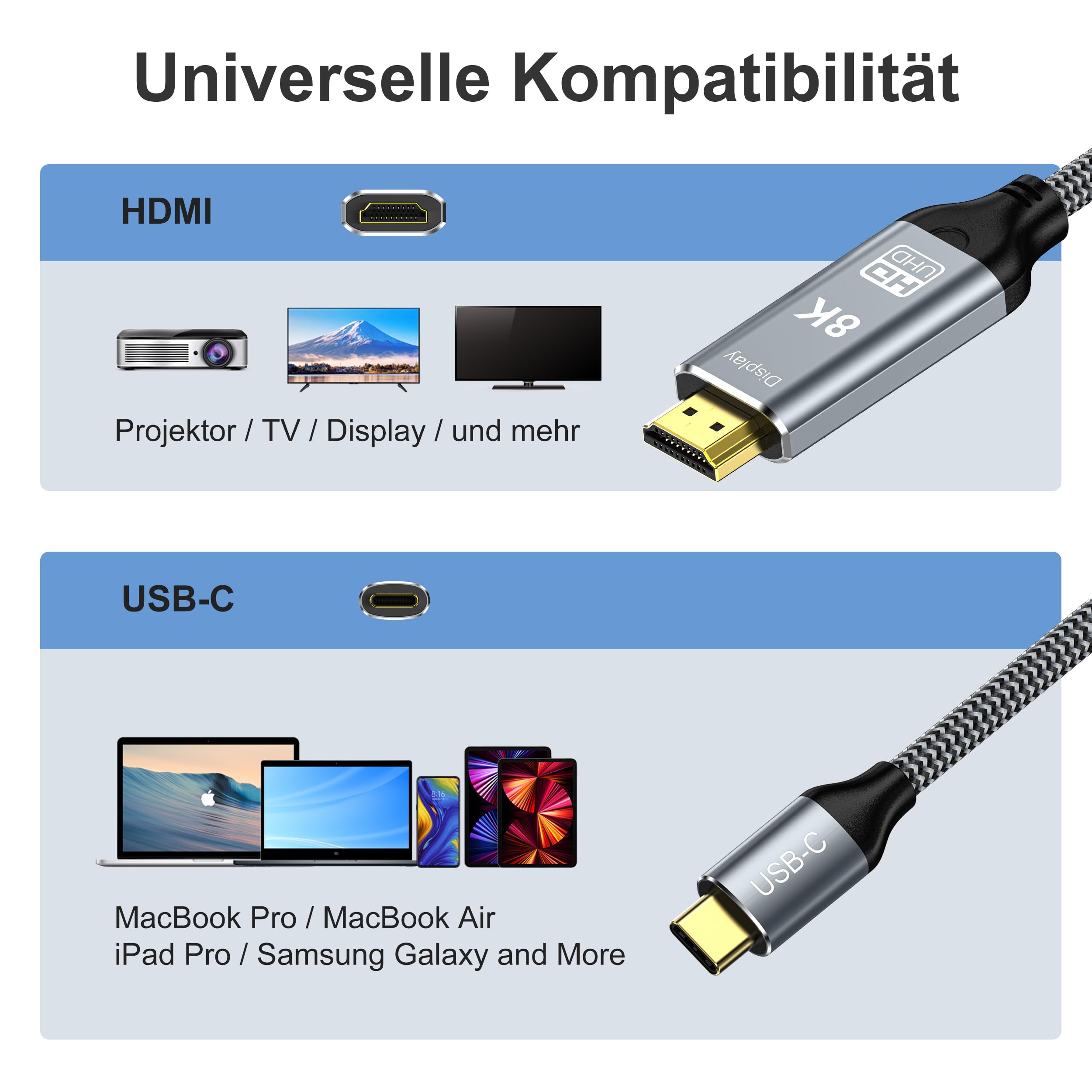 USB C auf HDMI 2.1 Kabel 3M 8K@60Hz, USB Typ C zu HDMI 8K UHD Kabel HDR HDCP 2.3 Thunderbolt 4/3 kompatibel für iPhone 15 Pro MacBook Pro/Air, iPad Pro/Air, Galaxy S23, TV, HUAWEI, Tablet
