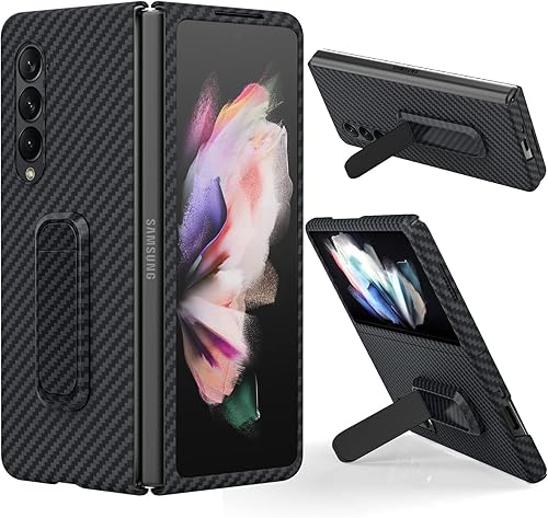 CENMASO - Funda con función atril para Galaxy Z Fold 3, compatible con carga inalámbrica Funda minimalista de fibra de aramida para Samsung Galaxy Z