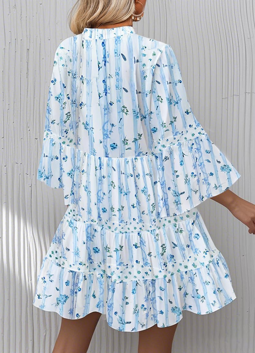 Summer Dresses for Women 2026 Flowy Ruffle 3/4 Sleeve V Neck Tiered Casual Babydoll Boho Beach Mini Dress - Image 2