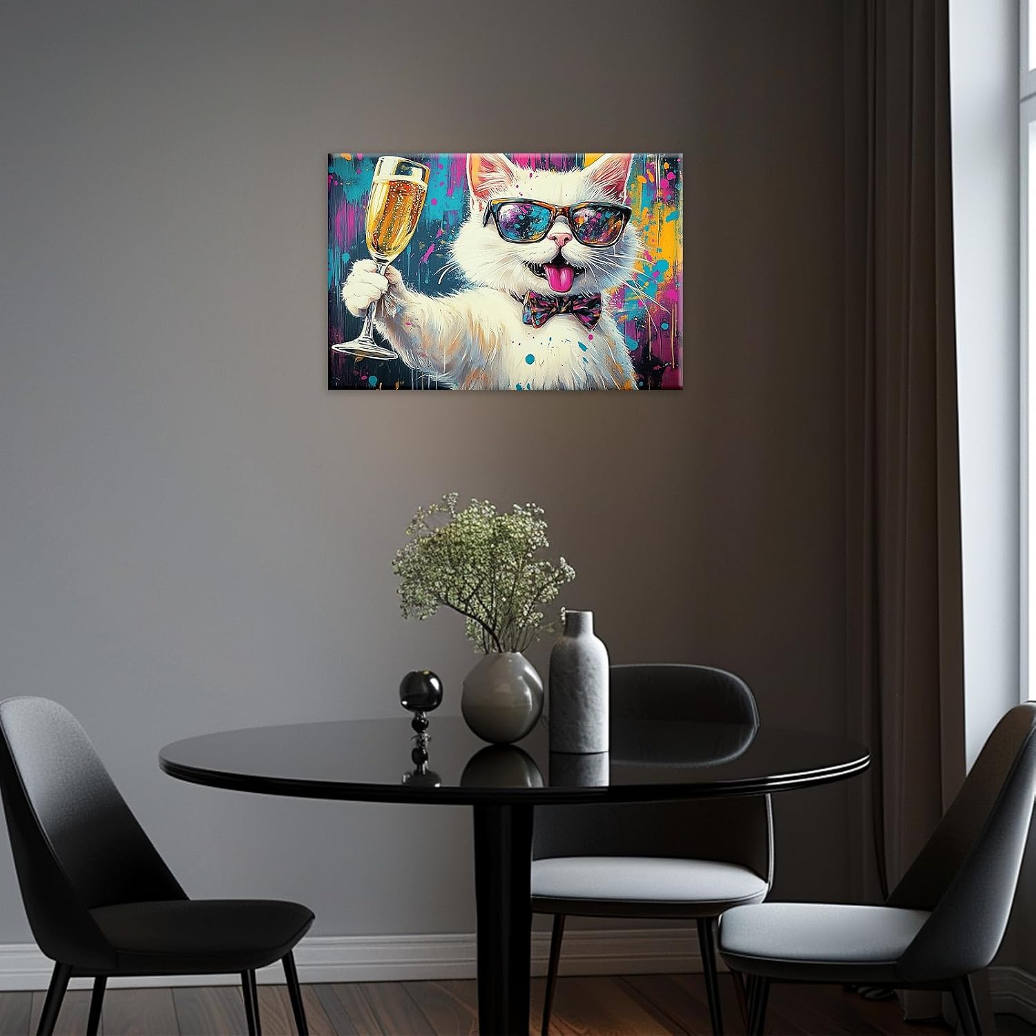 GLOKAKA Abstract Cat Wall Art Canvas Prints Modern Graffiti Animal Painting Animal Toast Celebration Painting Artwork Home Decor for Living Room Bedroom Office(Artwork-1,12"x18")