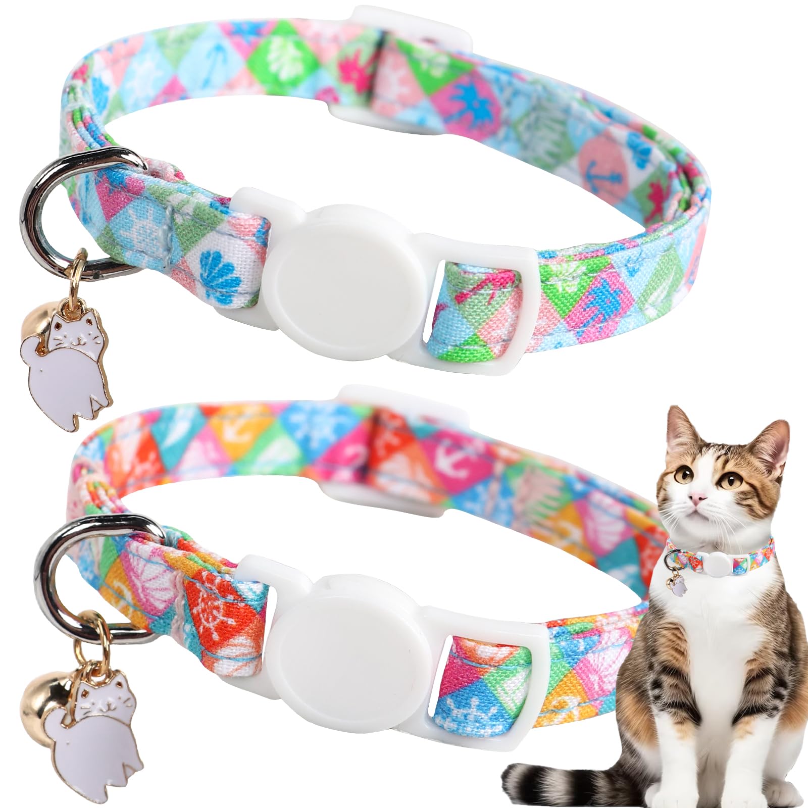 Unique style paws 2 Pack Kitten Collar Breakaway with Bell & Pendant, Adjustable Safety Cat Cotton Collars for Girl Boy Cats and Small Pets
