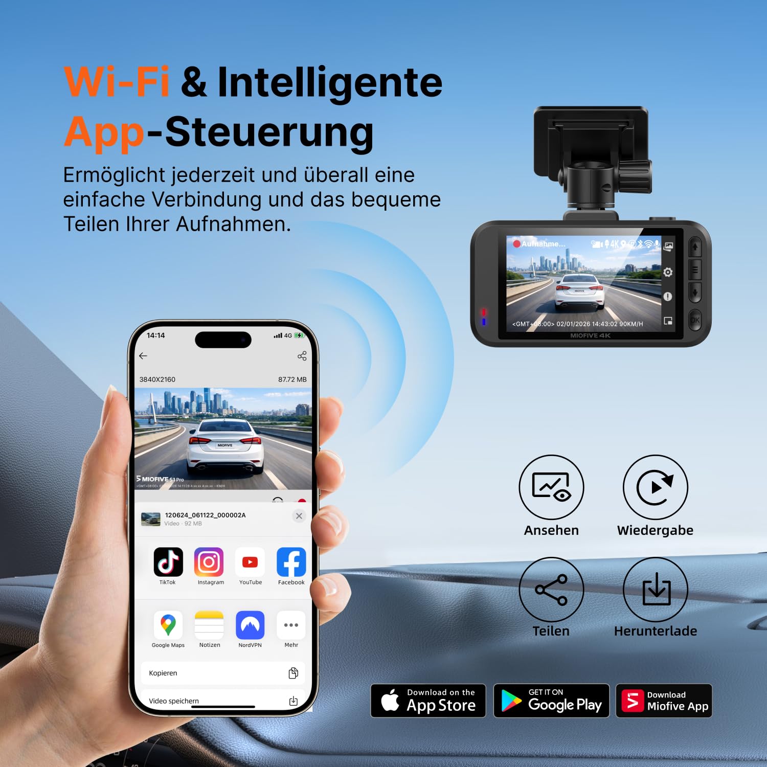 Miofive Dashcam für Front- und Rückkamera 4K/2K, GPS, WiFi, Bluetooth, 3-Zoll-IPS-Display, Nachtsicht, Loop-Aufnahme, HDR, App-Steuerung und unterstützt bis zu 512 GB mit einer kostenlosen 32-GB-Karte