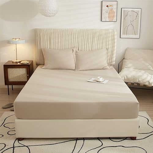 VClife Sábana bajera ajustable suave tamaño individual de color beige liso bronceado con bolsillo profundo de 16 pulgadas de profundidad, sábana de