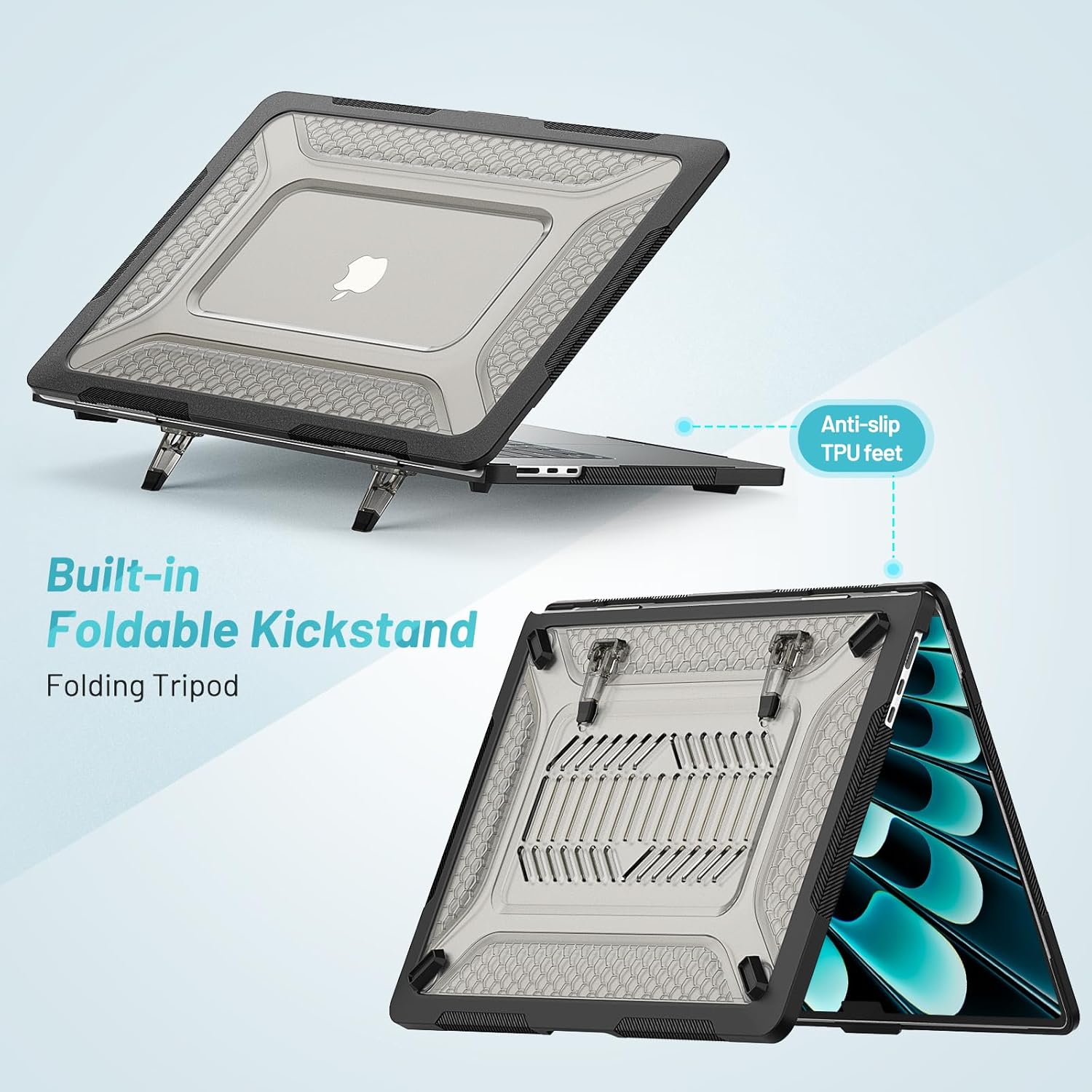 Batianda Upgraded Heavy Duty Case for MacBook Air 15 inch 2025 2024 2023 Release M4 M3 M2 Chip,Honeycomb Hybrid TPU + Matte PC Armor with Reinforced Kickstand,Stable Stand for Long Desk Work, Black - Image 4