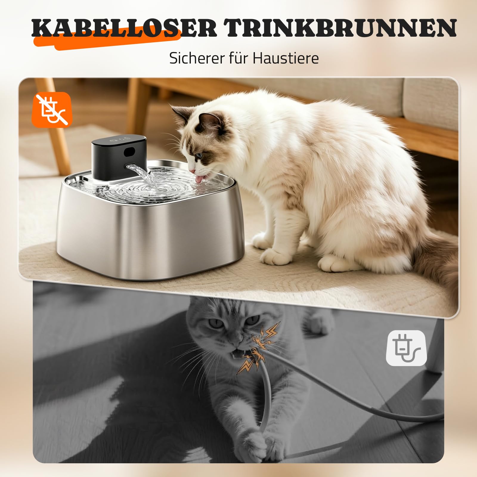 ROTTOGOON Katzenbrunnen Kabellos, 3,2L Trinkbrunnen mit Bewegungssensor | Katzentrinkbrunnen Edelstahl, Automatisch Wasserbrunnen für Katze, 3 Wassermodi, Leise Intelligenter Kern, Leicht zu Reinigen