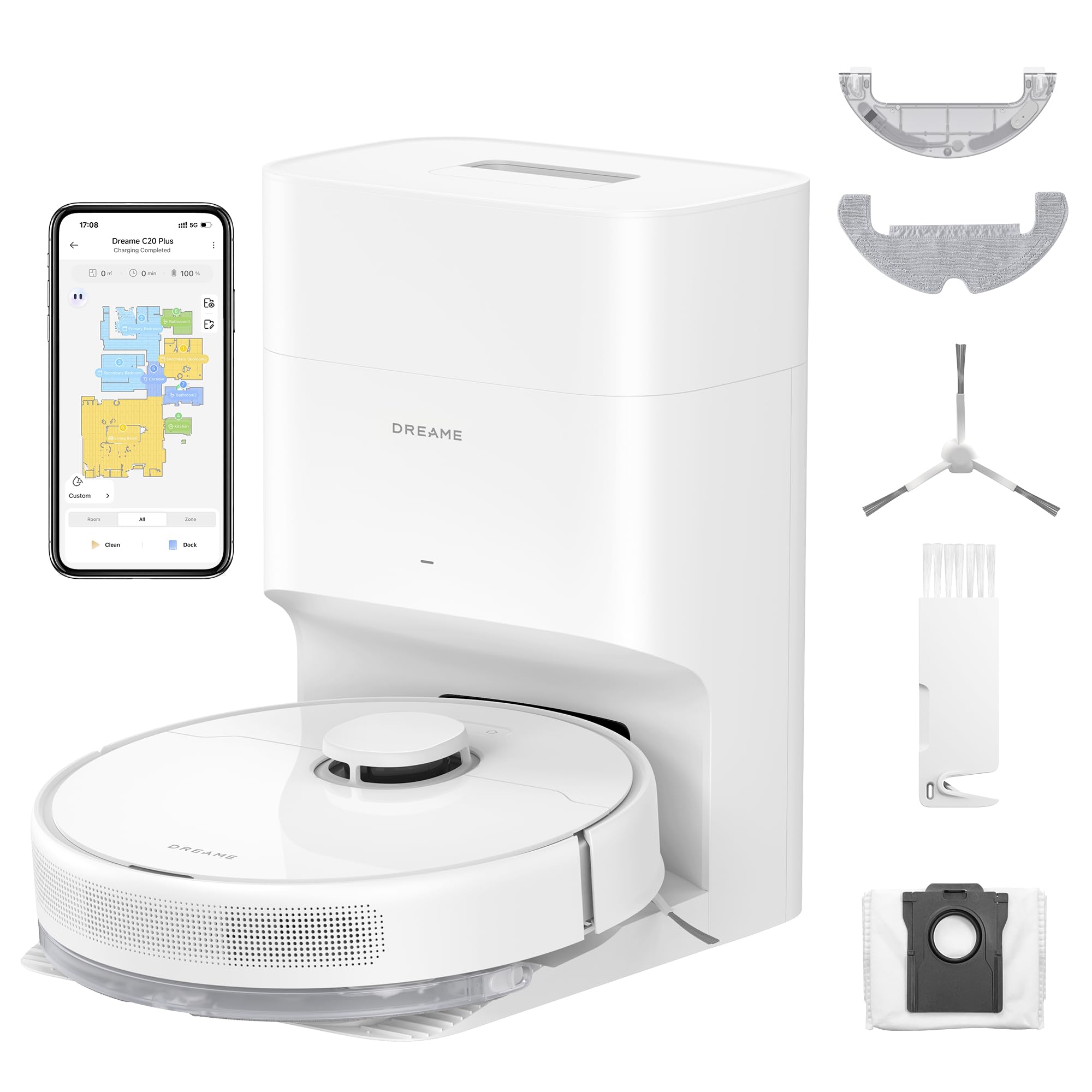 DREAME C20 Plus Robot Vacuum, 90 Days Self-Emptying Robot Vacuum and Mop Combo, 6000Pa Suction Robotic Vacuum, LiDAR Navigation, APP/Voice Control, Robot Vacuum Cleaner for Pet Hair/Carpet/Hard Floor