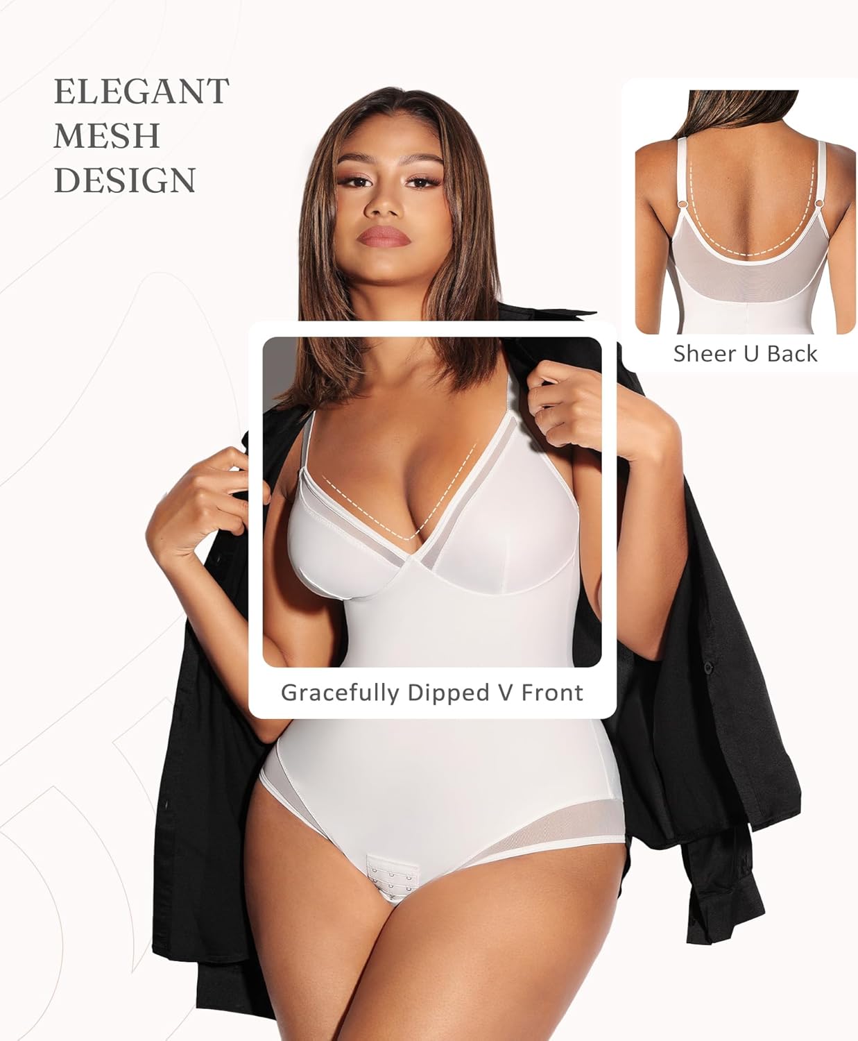FeelinGirl Shapewear Bodysuits for Women Tummy Control Mesh Slimmer Body Suits Deep V Neck Body Shaper - Image 3