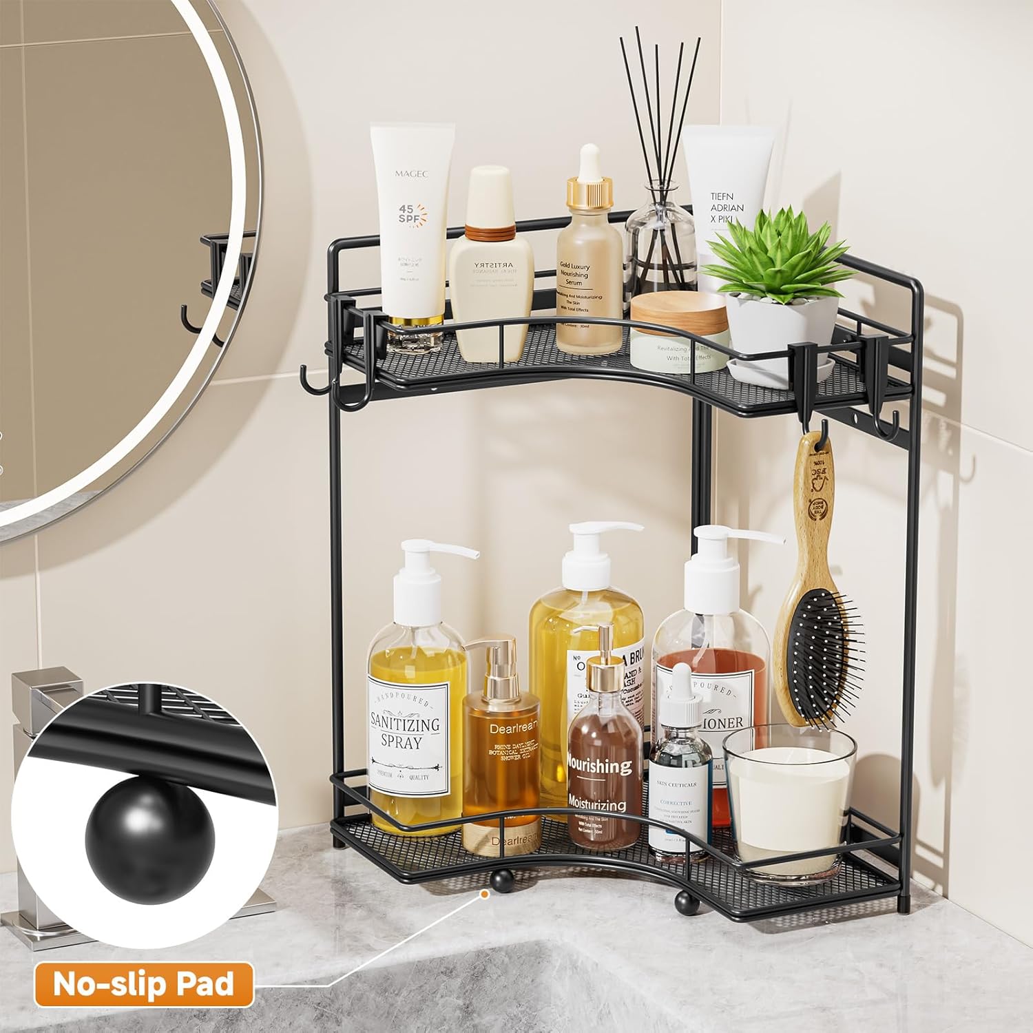 VITVITI 2-Tier Corner Bathroom Counter Organizer, Bathroom Countertop Organizer Storage for Sink, Metal Mesh Makeup Organizer for Vanity Countertop Kitchen with Hooks, Black