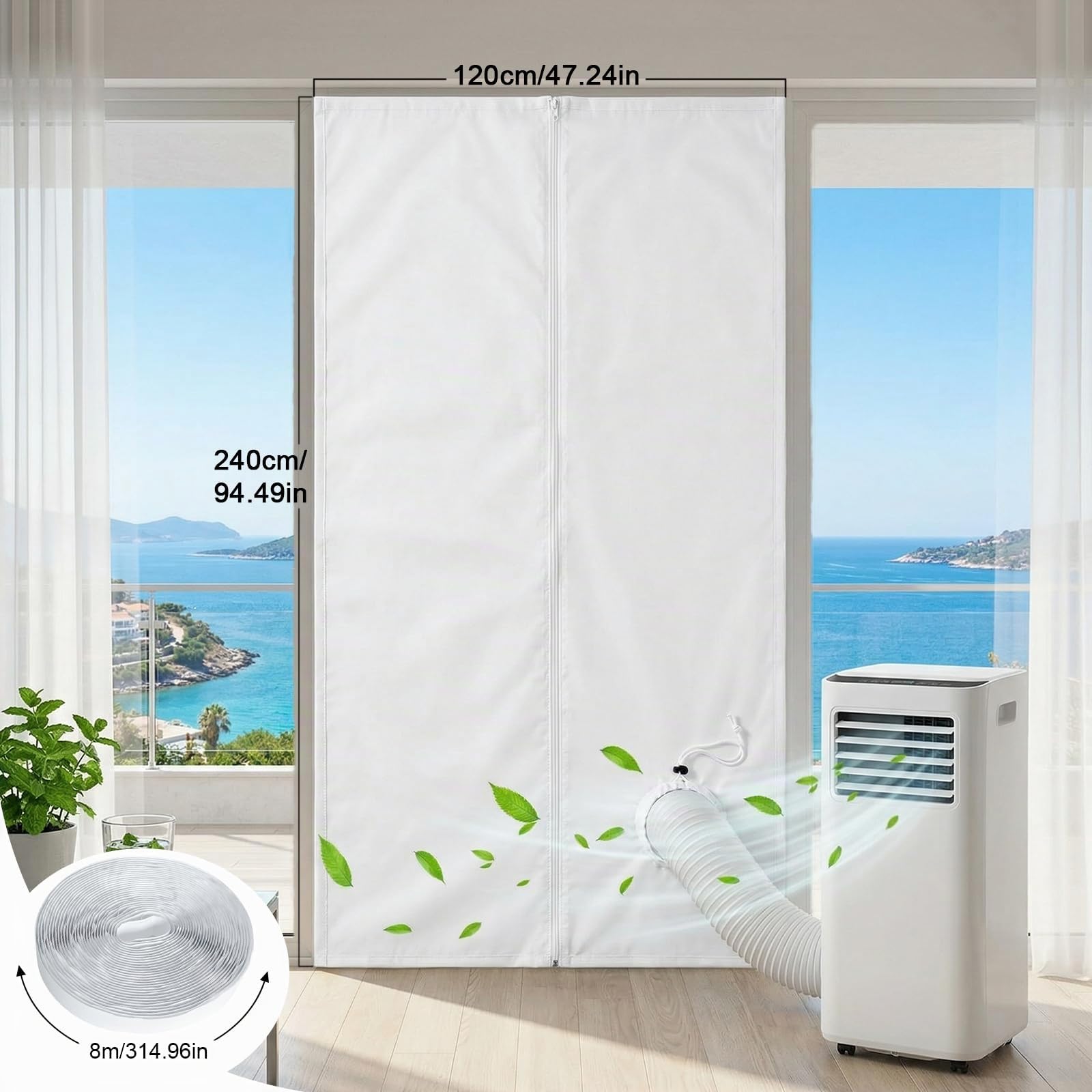 Kit Sellado Ventana Aire Acondicionado 120x240cm + 8M Cinta Adhesiva – Kit Ventana Aire Acondicionado Portátil con Ojal de Cordoncillo para Kit Puerta Corredera Aire Acondicionado Portátil