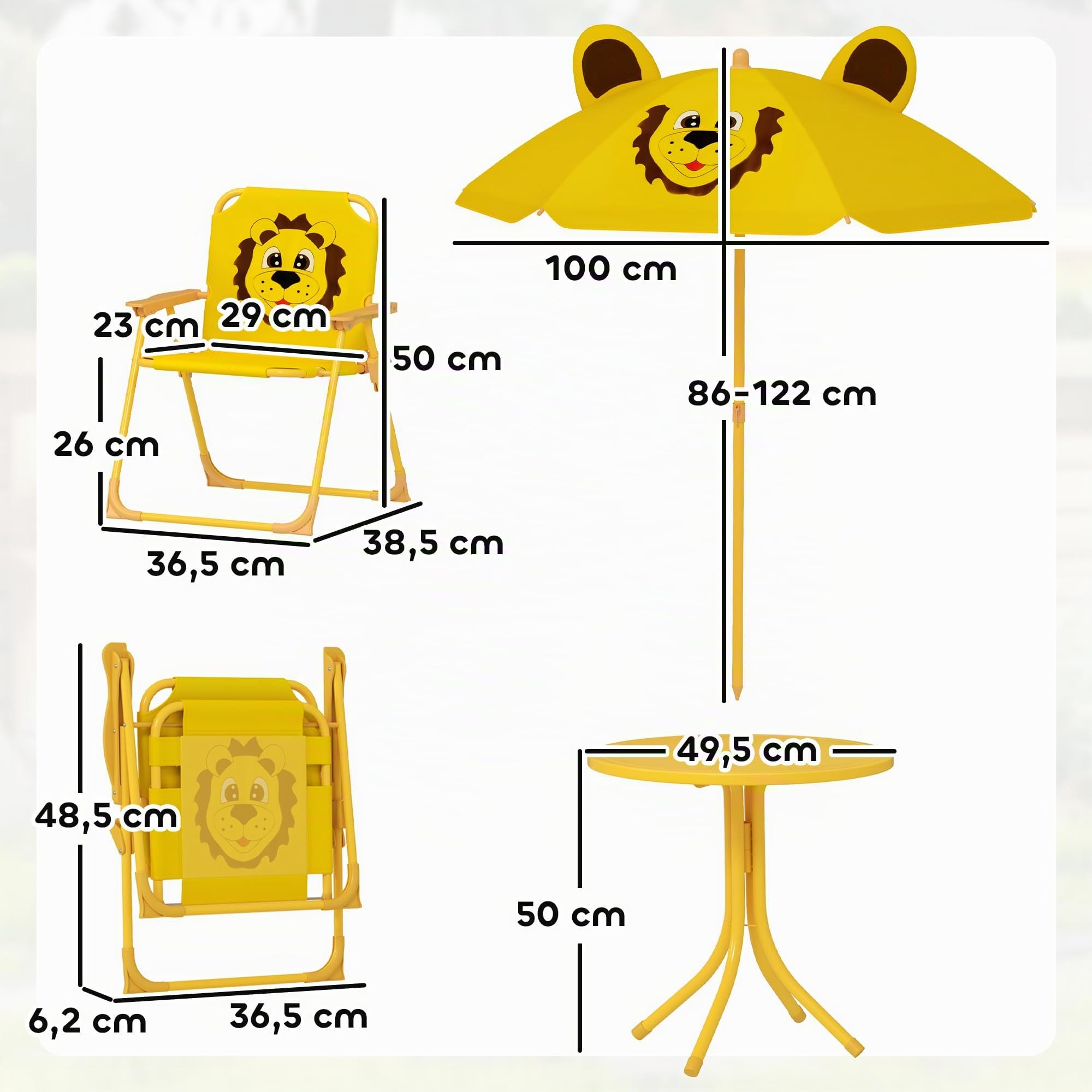 AIYAPLAY Salon de jardin pour enfant avec parasol réglable en hauteur et 2 chaises pliantes - Pour jardin, plage, jaune