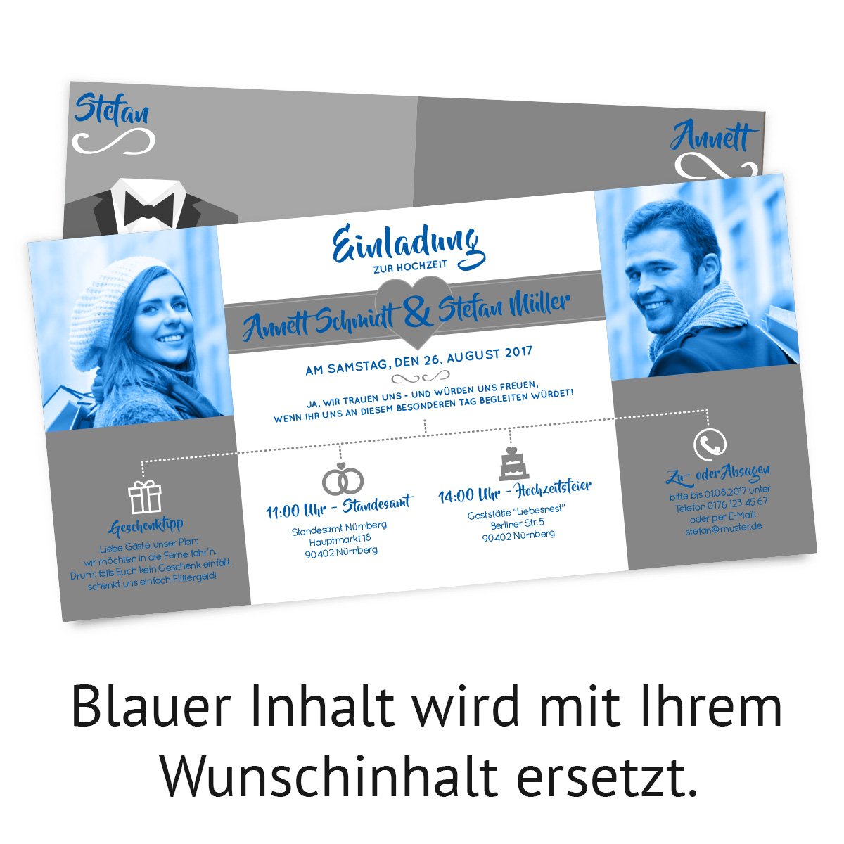Hochzeitseinladungen (30 Stück) - Braut und Bräutigam Altarfalz - Hochzeitskarten in Grau