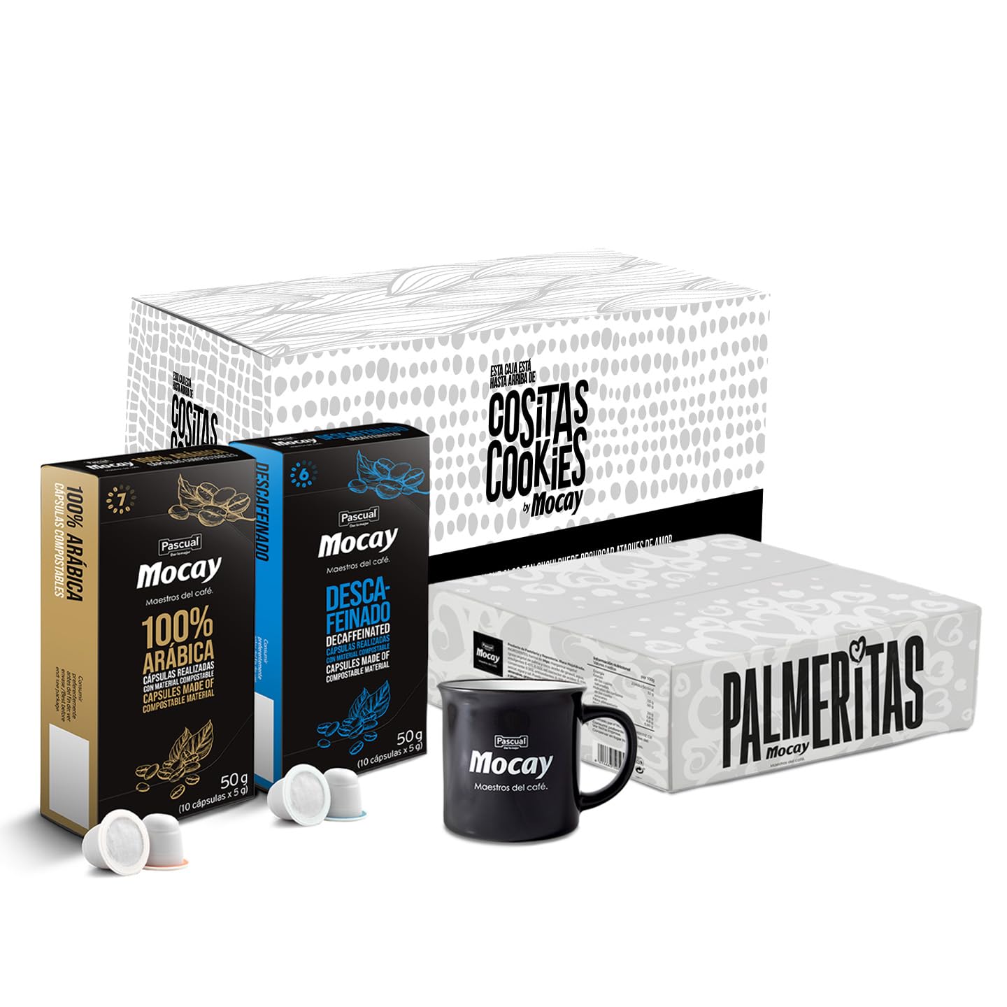 MOCAY - PACK OFICINA BASIC - 100 Cápsulas de Café Natural, 100 Cápsulas de Café Descafeinado, 120 Palmeritas y 220 Cookies + Taza de Regalo - Ideal para desayuno