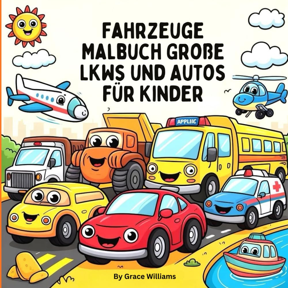 Fahrzeuge Malbuch Große LKWs und Autos für Kinder: Schnelle Autos, große LKWs, Baustellenfahrzeuge, Bulldozer, Schulbusse, Einsatzfahrzeuge, ... Flugzeuge, Hubschrauber und alles, was fährt