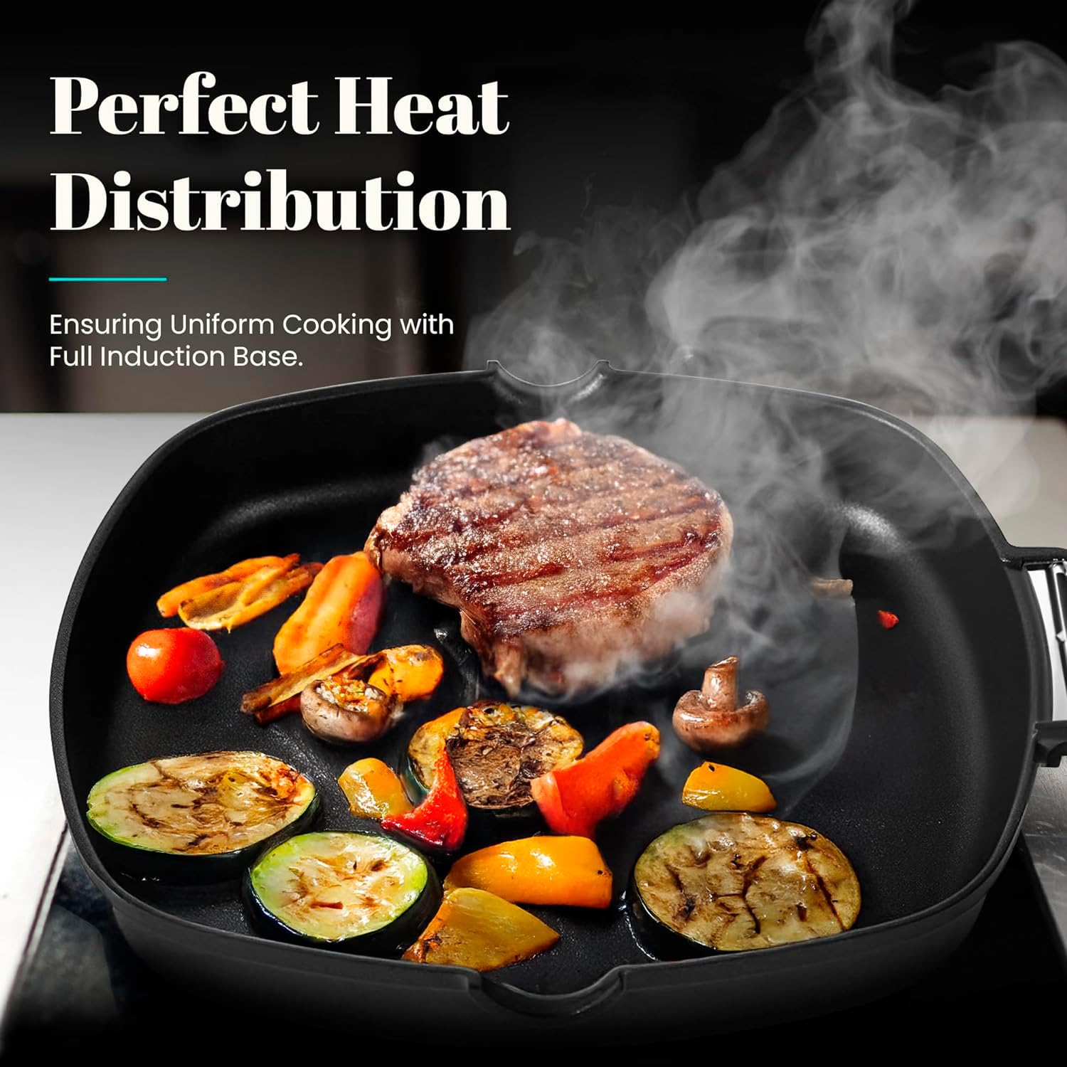 WECOOK! Ecostone Bistecchiera Liscia, Induzione, 24 x 24 cm, Antiaderente ILAG Ecologico senza PFOA, Alluminio Fuso, 5mm di Spessore, Manico in Legno Pieghevole, Vitroceramica, Gas