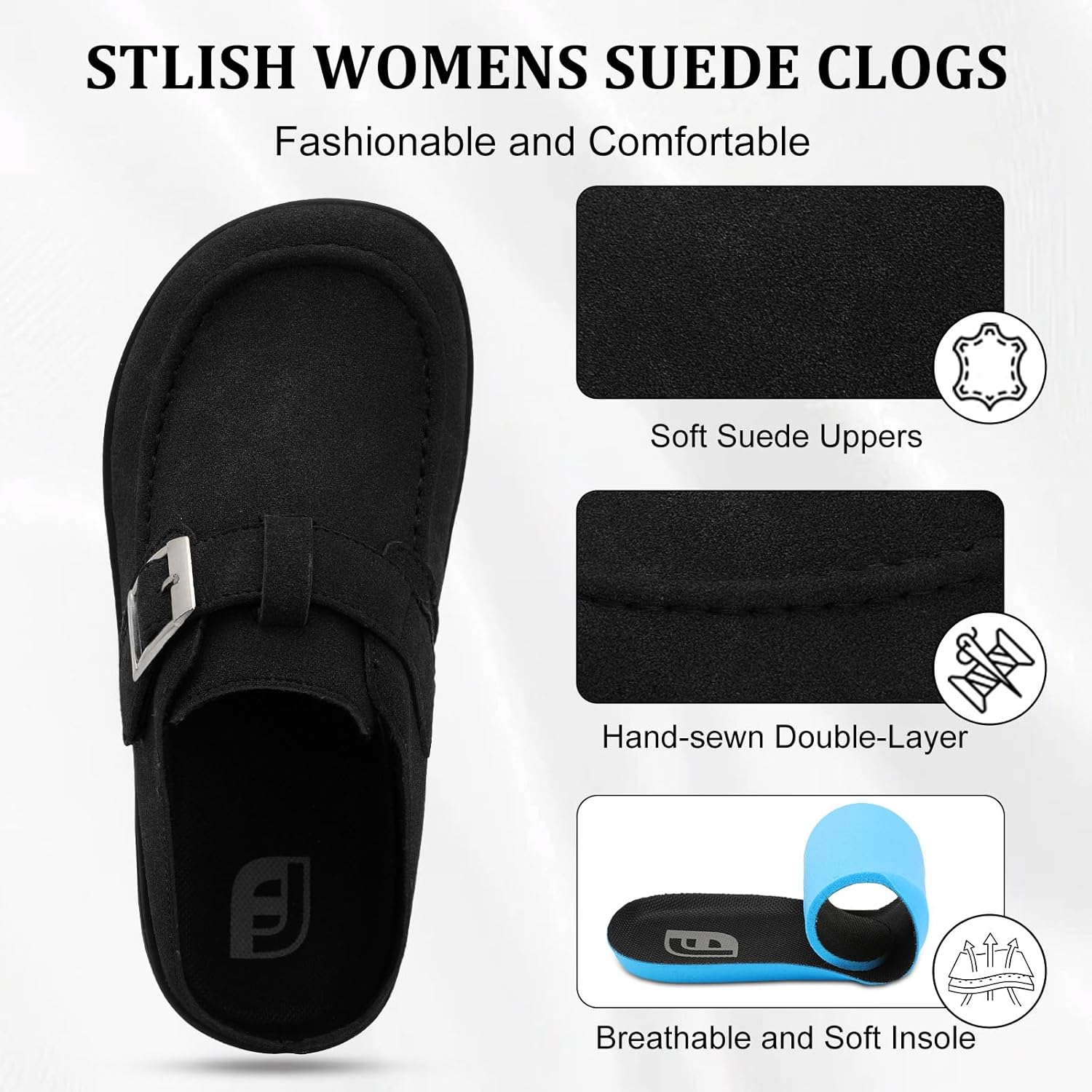 JOINFREE Womens Wide Suede Clogs Zero Drop Potato Shoes Diabetic Mules for Swollen Edema Comfort Slip on Clog Slippers with Adjuatable Buckle Indoor & Outdoor Use - Image 5