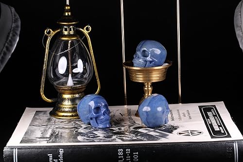 Miniatura 4 de Estatua de calavera de cristal de aventurina azul natural de 2.0 pulgadas, escultura artística de piedras preciosas talladas a mano, calavera de