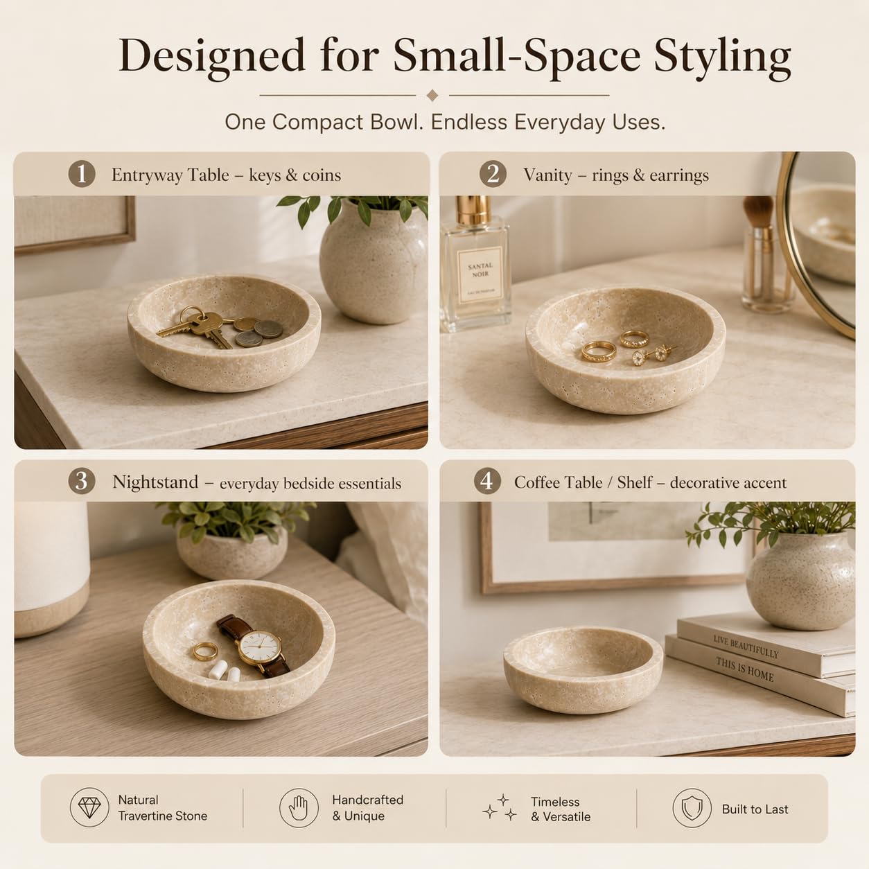 Petit bol rond décoratif en marbre 15 cm pierre naturelle pour décoration d'intérieur beige