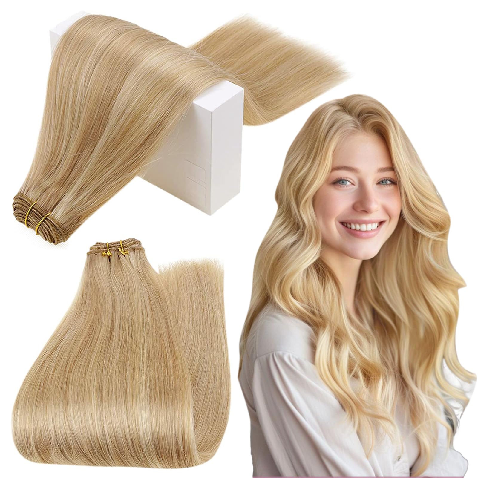 RUNATURE Weft Hair Extensions Real Human Hair Blonde Sew in Extensions Human Hair Ash Blonde Highlighted with Golden Blonde Double Weft Hair 100G/Pack 16 inch #P16/24