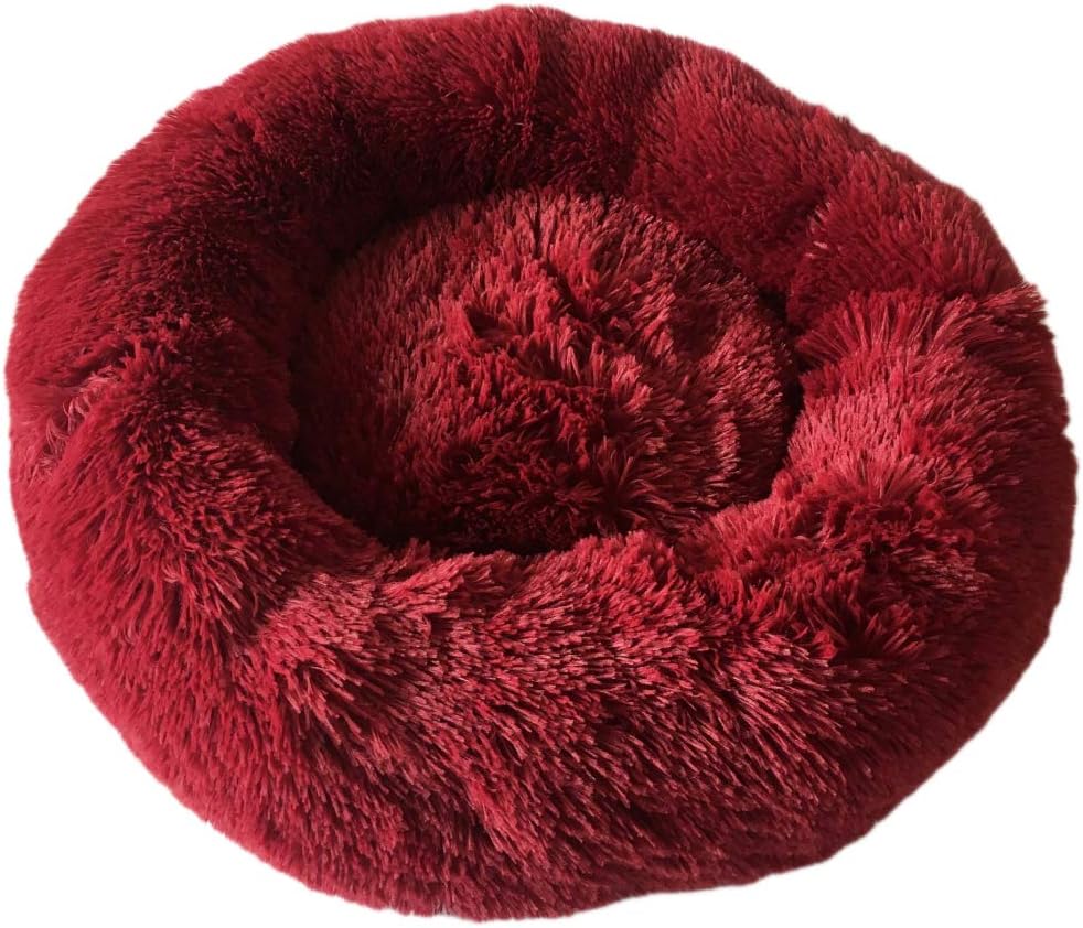 ALLNEO Detachable Original Calming Donut Cat and Dog Bed 20'' Luxury Shag Long Fur Cuddler Machine Washable&Self Warming Indoor Round Pet Pillow Bed for Small Pets (S-20 * 20 * 7inch, Red)