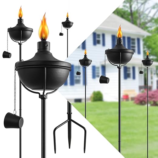24 Oz Home Garden Torch Set of 6, Outdoor Metal Torch Garden Décor,55-Inch Upgraded Citronella Torches with 3-Prong Grounded Stake, Metal Light Torches for Party Patio Pathway