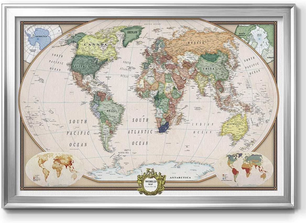 Renditions Gallery Arte de pared en lienzo colorido con marco plateado para colgar en la pared, mapa de viaje con pasadores para sala de estar,