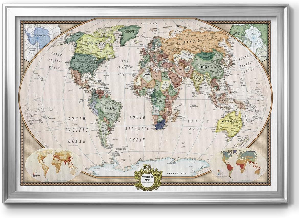 Renditions Gallery Colorful World Map Canvas Wall Art with Silver Frame Wall Hanging Travel Map with Push Pins for Living Room, Bedroom, Office Room