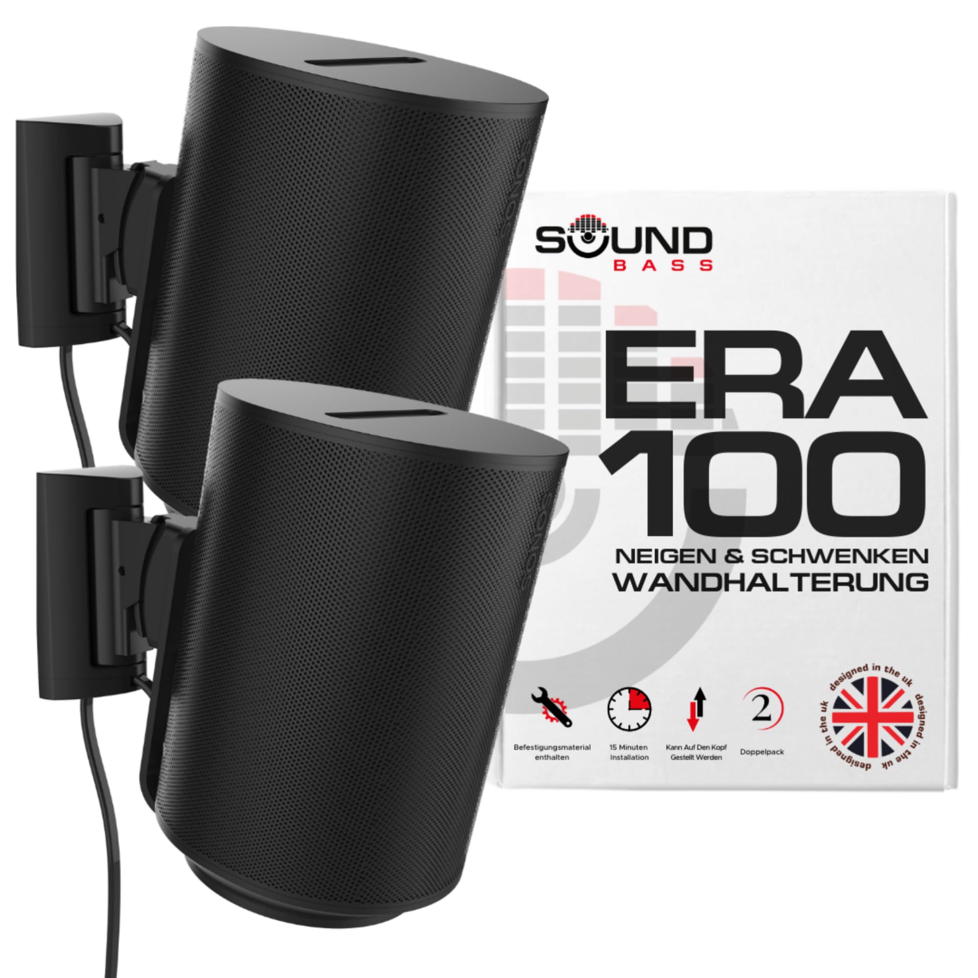 Sound bass ERA 100 Wandhalterung – Neigbar und Schwenkbar, Schwarz, Doppelpack (2 STK.), Kompatibel mit Sonos ERA100 & ERA 100 SL, Einfache Installation, Inklusive Montageset, Paar