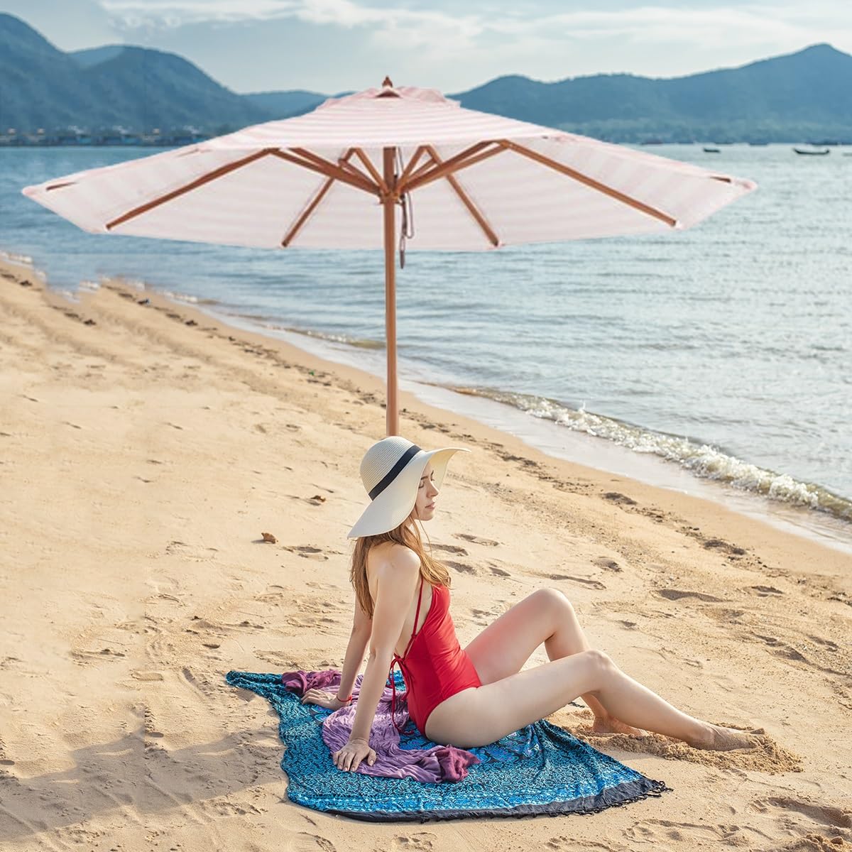 Duży Parasol Przeciwsłoneczny 9 Stóp, Różowy, Okrągły Stół Ogrodowy, Drewniany Parasol Z 8 Żebrami, Parasol Sun Shane Na Taras, Basen I Podwórko