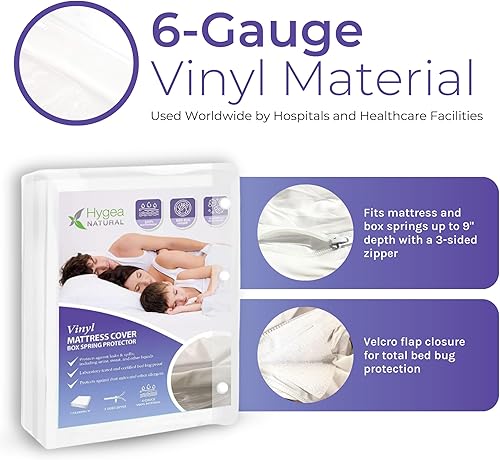 Miniatura 4 de Hygea Natural Funda de colchón y somier de vinilo resistente sin desgarros, impermeable, antiinsectos y alérgenos, con cremallera, 39 x 80 x 9