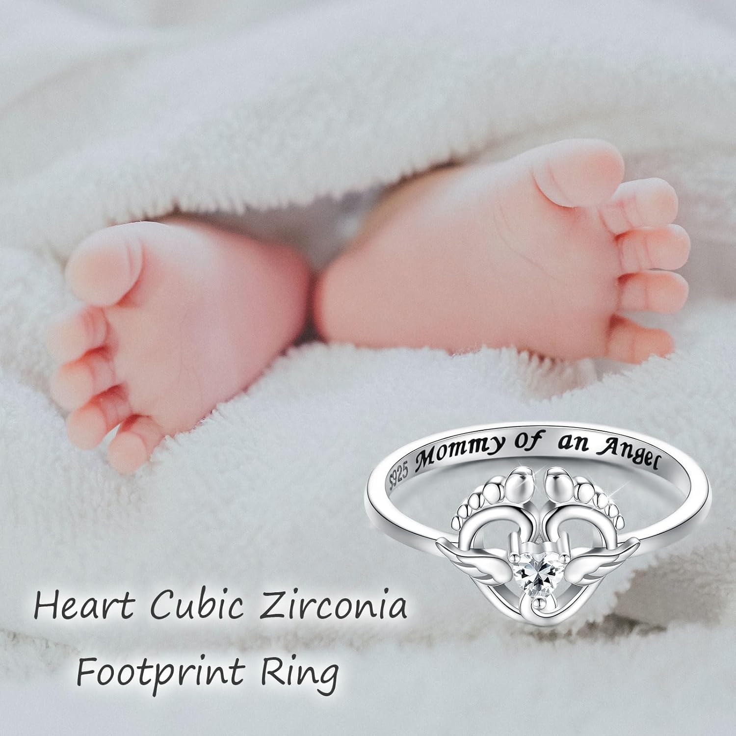 Miscarriage 1nfant Loss Ring - 925 Sterling Silver Mommy of an Angel Rings with Heart Cubic Zirconia Footprint Memorial Jewelry Gifts for Women - Image 3
