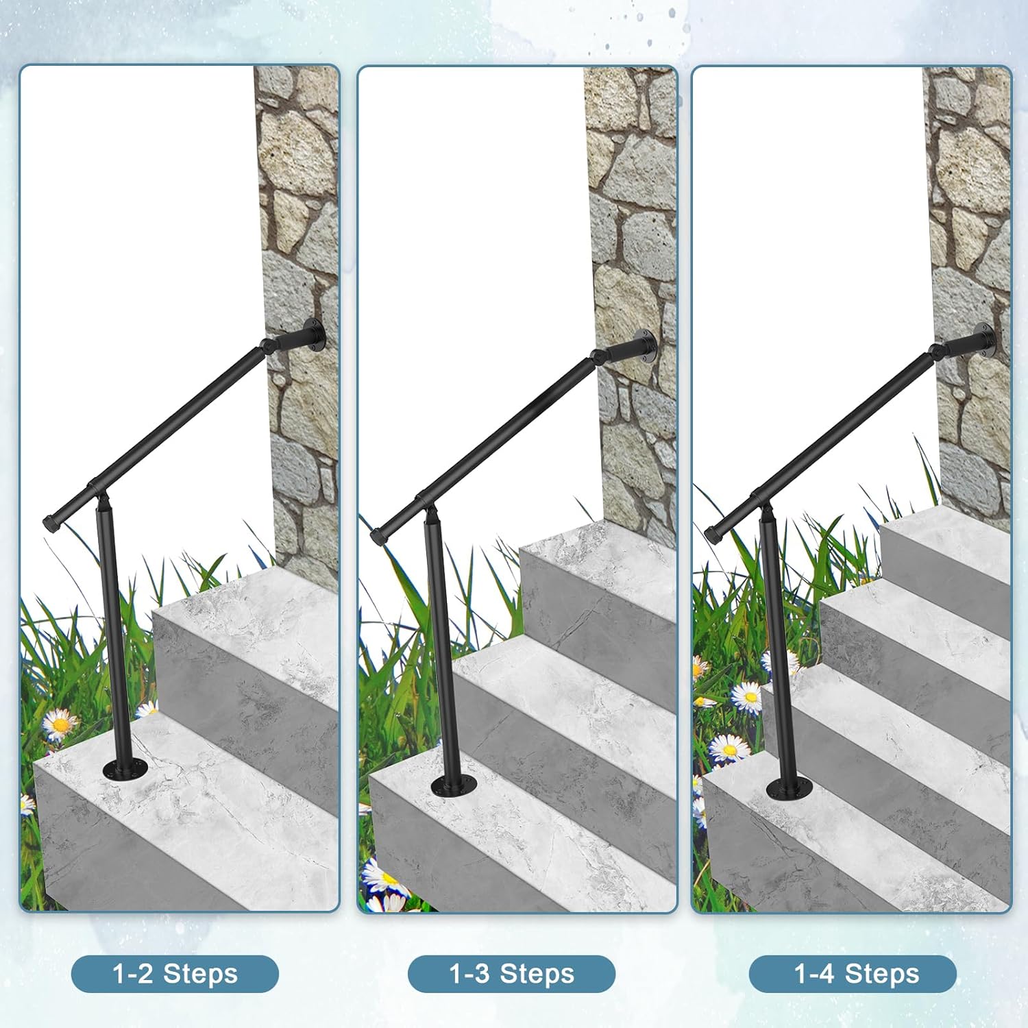 Hand Rails for Outdoor Steps,Metal Deck Railing Kit Fits 1 to 3 Steps,Railings for Outdoor Steps for Concrete,Brick,Porch Railing