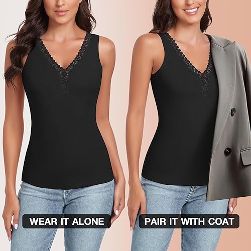Miniatura 6 de WOWENY Camiseta sin mangas de forro polar térmico para mujer, cuello en V, camisola de encaje, capa base cálida, camisola, chaleco de camisola, ropa