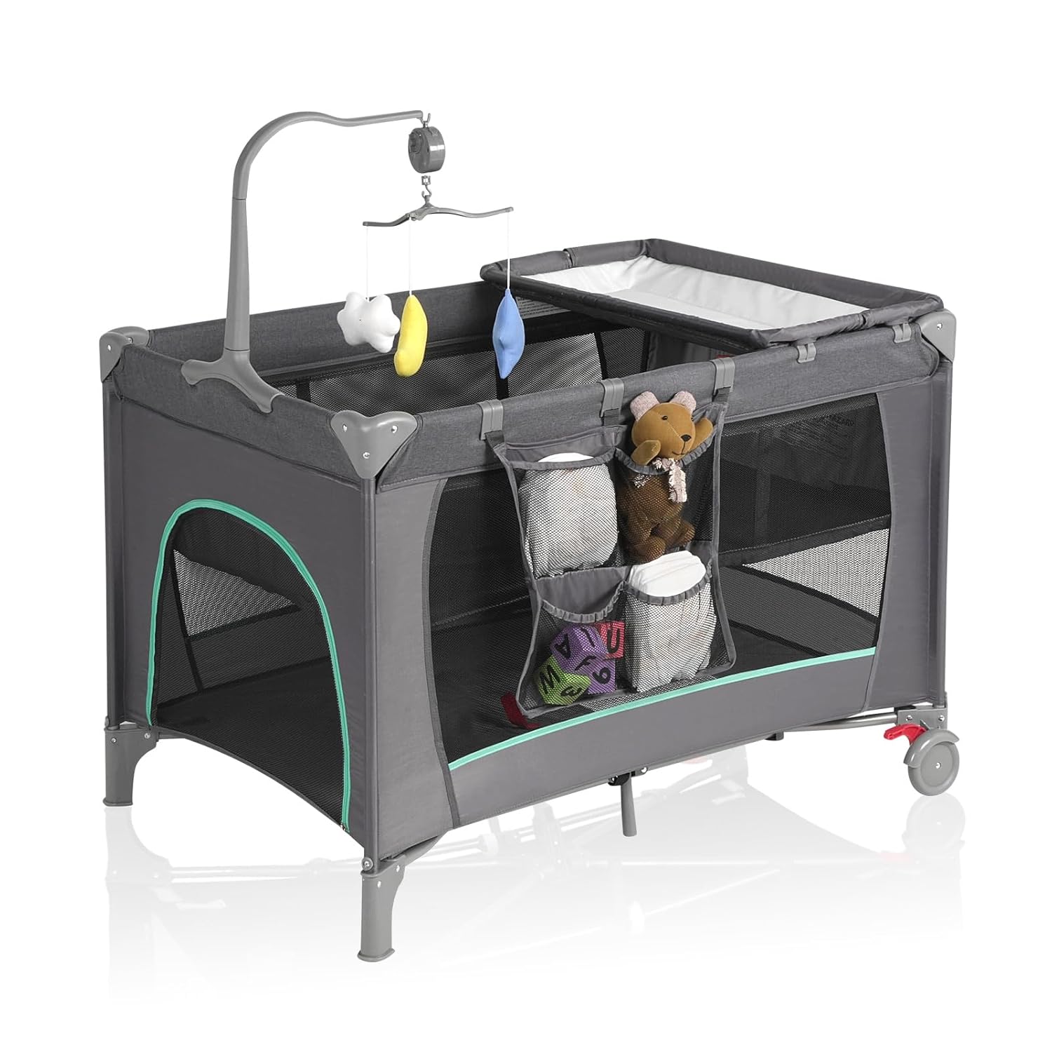 Pack and Play with Changing Table & Carry Bag, 4-in-1 Portable Crib Playpen for Newborn to Toddler, ASTM Certified Foldable Travel Crib with Bassinet(C-Cartoon) B-Grey