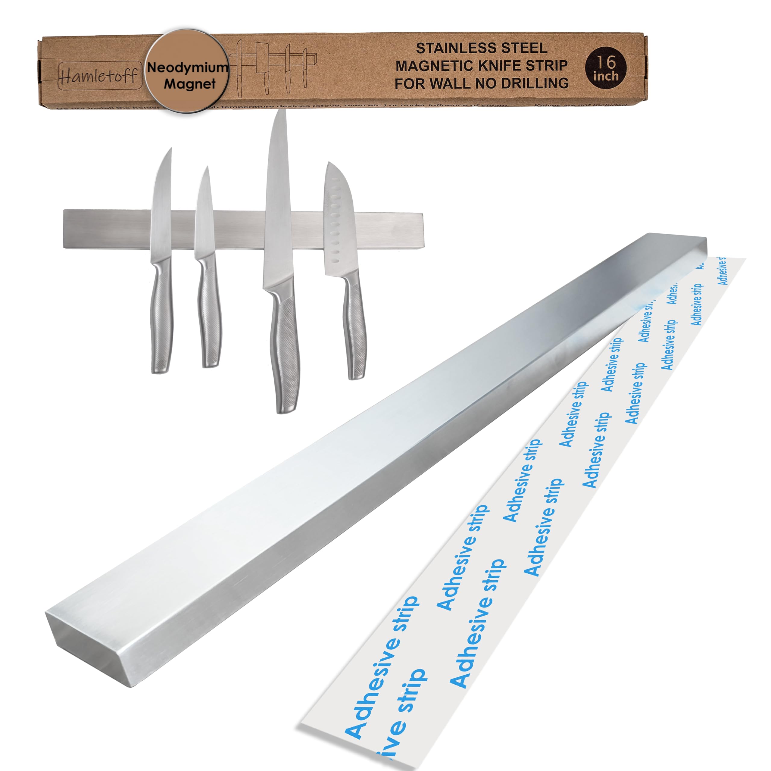 Premium Magnetic Knife Strip for Wall no Drilling – 16 Inch Stainless Steel Magnetic Knife Holder with Neodymium Magnet Strong Adhesive Tape - Lightweight Kitchen Magnet Knife Bar