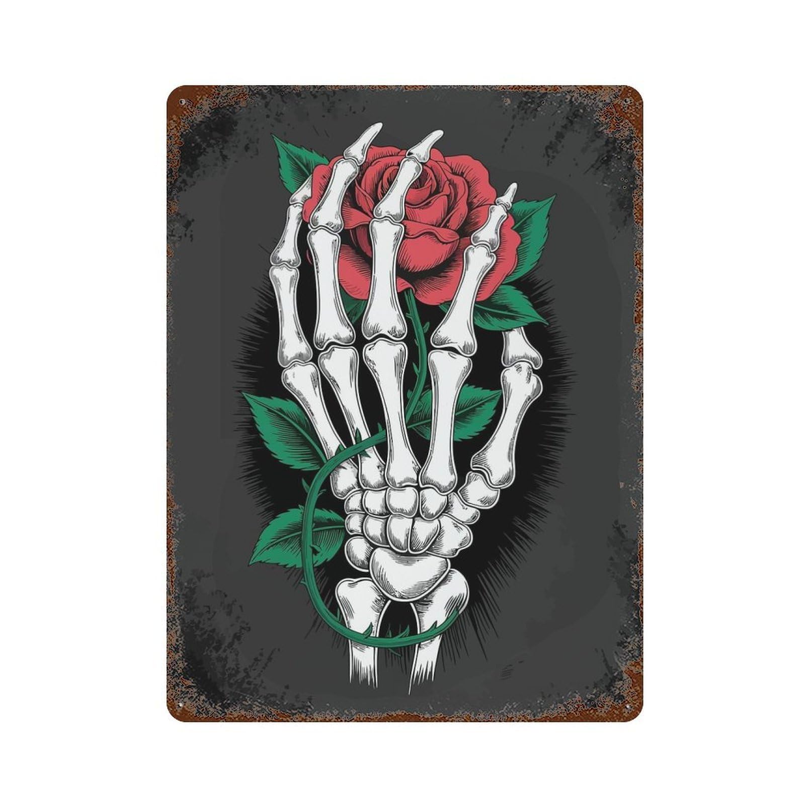 Skeleton Hand Holding Red Rose Decorative Tin Sign 15.7"x11.8", for Bistro, Counter And Cafe Decor, Classic Wall Plaque