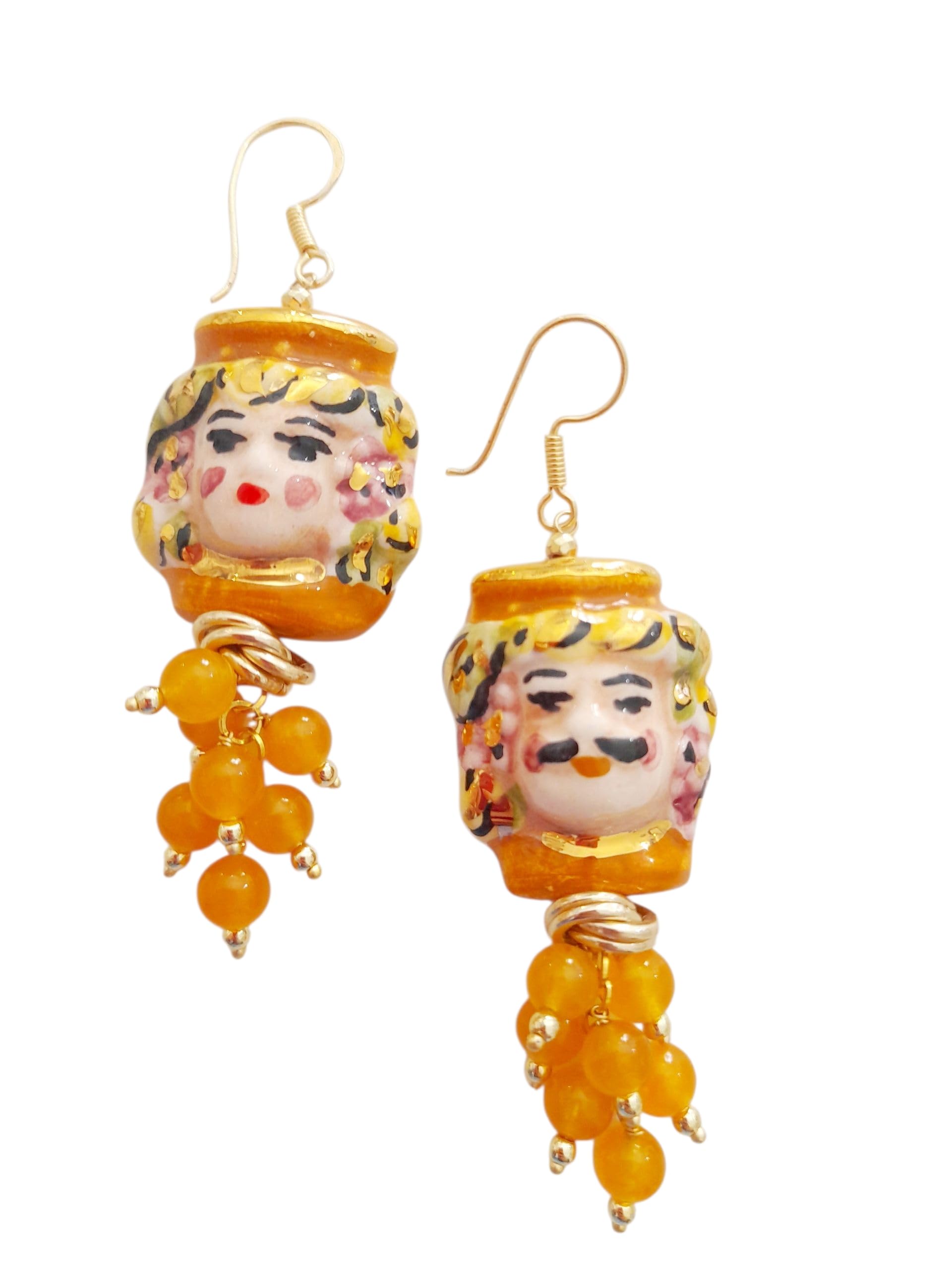 Pendientes Moor's Heads de cerámica Caltagirone con perla turquesa y esmalte dorado