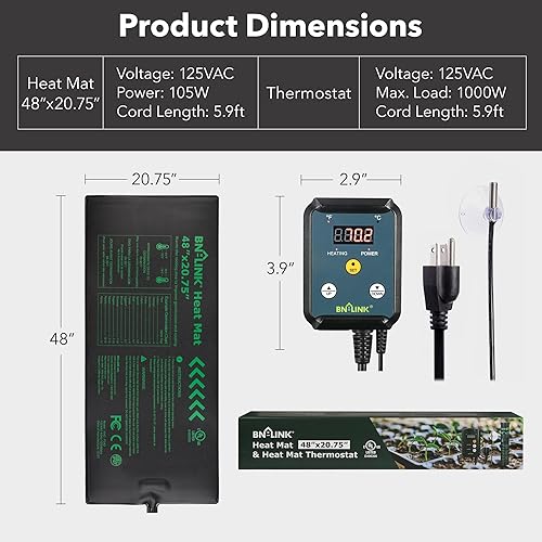 Miniatura 2 de BN-LINK Alfombrilla térmica duradera para plántulas de 48 x 20.75 pulgadas con controlador de termostato digital, impermeable, para inicio de