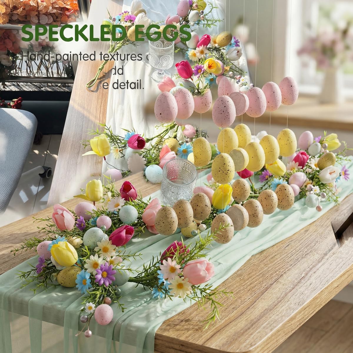 Easter Garland with Eggs, 6FT Spring Garland with Colorful Pastel Tulips, Daisy, Berries & Green Leaves, Artificial Easter & Spring Decorstions for Mantle,Fireplace, Doorway, Table, Home
