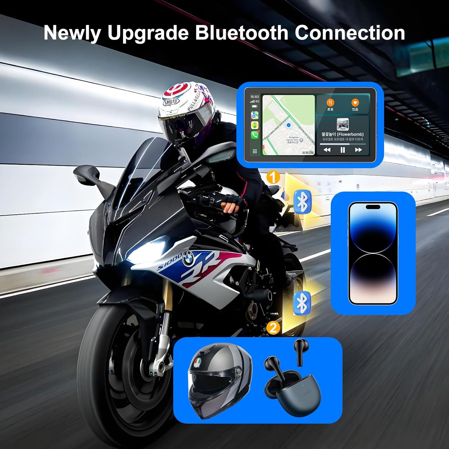 MT-A6 6.5" Motorcycle Carplay Screen for BMW R1200GS R1250GS S1000XR, Motorcycle GPS, IP67 Waterproof Touchscreen, Portable Carplay/Android Auto GPS Navigation for Motorbike, Bluetooth, Siri