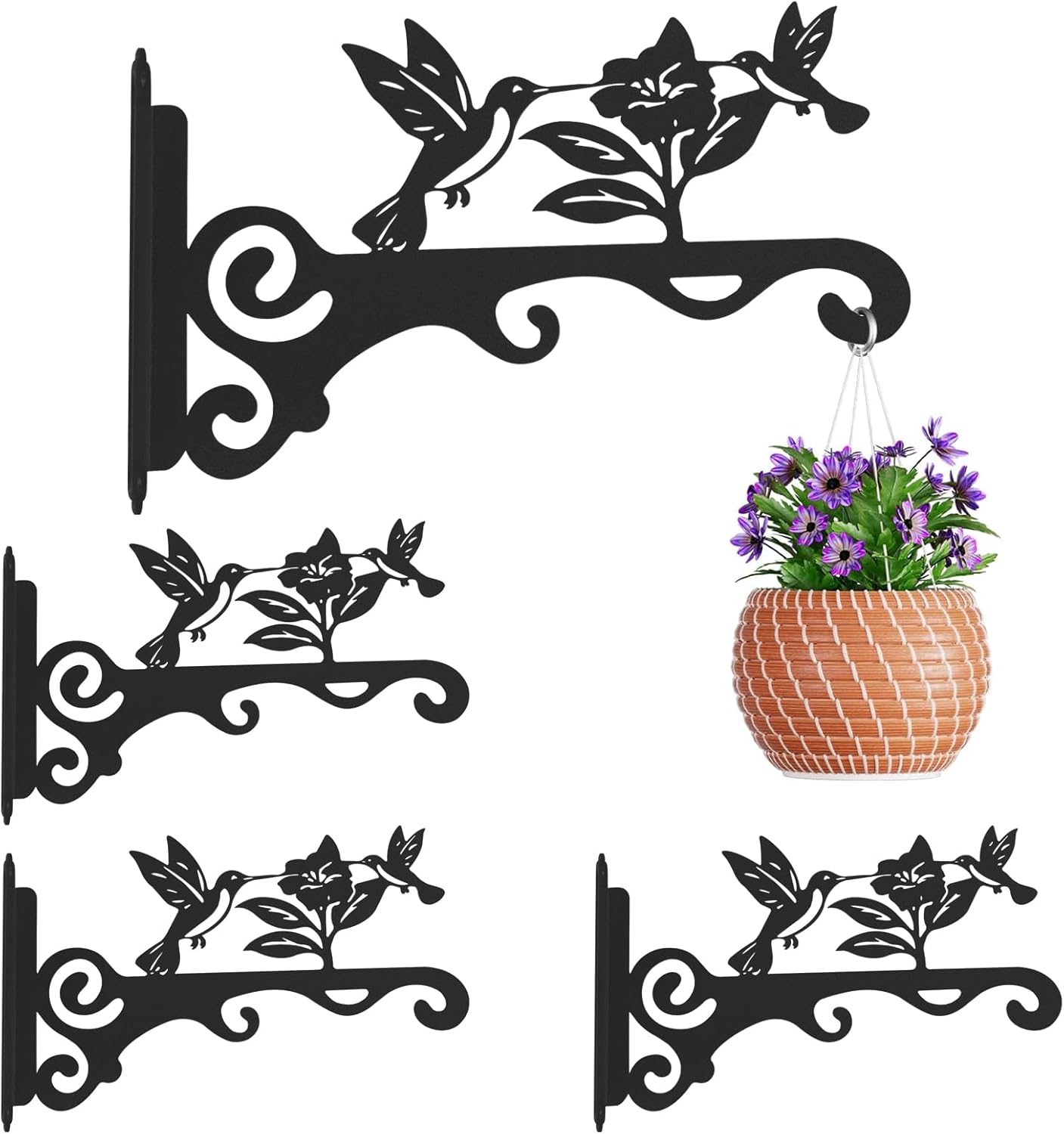 4 Pack Elegant Bird Pattern Wall Hooks - 10/12/14 Inch Metal Plant Hangers for Indoor & Outdoor - Rust-Resistant Bracket for Plants, Feeders, Chimes, Lanterns (Black-4Pack, 14 inch)